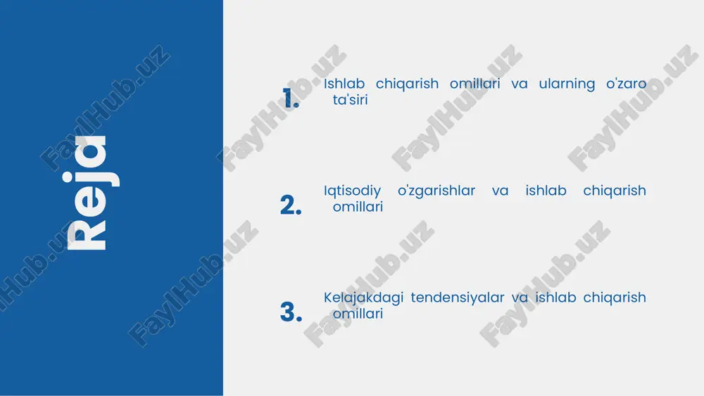 ifatini va tezligini oshiradi. kapitalning mehnatga ta'siri esa, zamonaviy uskunalar va texnologiyalar yordamida ishchilarni yanada samarali ishlashga undaydi. bu o'z navbatida, mehnat unumdorligini oshiradi va ishlab chiqarish jarayonlarini tezlashtiradi. o'zaro ta'sirning iqtisodiy samaralari, umumiy ishlab chiqarishning o'sishi va iqtisodiy barqarorlikka olib keladi. mehnat va kapital o'rtasidagi mustahkam bog'lanish, ijtimoiy farovonlikni ta'minlashda ham muhim rol o'ynaydi. shuningdek, bu bog'lanish iqtisodiy inqirozlar paytida barqarorlikni saqlashga yordam beradi. yer omili va ishlab chiqarishni rivojlantirish yer omilining ishlab chiqarishdagi o'rni va ahamiyati. yer omilining tabiiy resurslar bilan bog'liqligi. yerning iqtisodiy samaradorligi. qishloq xo'jaligida yer, masalan, hosildorlikni oshirishda muhim rol o'ynaydi; sanoat sohasida esa zamonaviy texnologiyalarni joriy etish uchun yer resurslari zarur. 1 2 3 4 tadbirkorlik va innovatsiyalar tadbirkorlik va innovatsiyalar o'rtasidagi bog'lanish iqtisodiyotning rivojlanishi uchun muhim ahamiyatga ega. tadbirkorlik, yangi bizneslar yaratish va mavjudlarini rivojlantirish orqali ishlab chiqarish jarayoniga sezilarli ta'sir ko'rsatadi. tadbirkorlar yangi g'oyalar va imkoniyatlar orqali resurslardan samarali foydalanishni ta'minlaydi. innovatsiyalar …