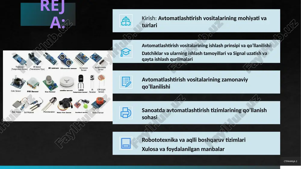 ytirish mumkin. masalan, sanoat robotlarida avtomatik boshqaruv tizimi murakkab algoritmlarga asoslanadi va real vaqtda ishlaydi. stranitsa 4 perviy navik vtoroy navik tretiy navik zaklyuchenie 4 avtomatlashtirish vositalarining turlari (o’lchov, boshqaruv, nazorat, ijro) avtomatlashtirish vositalari bir nechta turlarga bo’linadi. o’lchov vositalari fizikaviy parametrlarni o’lchaydi, masalan, harorat, bosim yoki tezlikni. boshqaruv vositalari ma’lumotlarni qayta ishlaydi va qaror qabul qiladi. nazorat vositalari tizimning holatini kuzatadi va monitoringni ta’minlaydi. ijro vositalari esa harakatni amalga oshiradi, masalan, valflar yoki dvigatellar.o’lchov vositalari orasida termodatchiklar va bosim o’lchagichlar mavjud. boshqaruv vositalariga kontrollerlar va protsessorlar kiradi. nazorat vositalari displeylar va sensor tarmoqlaridan iborat. ijro vositalari aktuatorlar va mexanizmlar bo’lib, ular energiyani harakatga aylantiradi.bu turlar bir-biri bilan bog’lanib, to’liq tizimni tashkil etadi. masalan, neft sanoatida o’lchov vositalari bosimni o’lchasa, boshqaruv vositalari valflarni boshqaradi.avtomatlashtirish vositalarining turlari texnologiyaga qarab o’zgaradi. analog va raqamli turlari mavjud, raqamli turlar aniqlikda ustunlik qiladi. perviy navik vtoroy navik tretiy navik zaklyuchenie stranitsa 5 5 avtomatlashtirish …