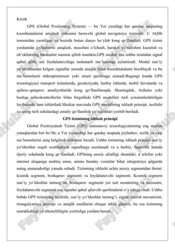 ni, boshqaruv segmenti yer usti monitoring va nazoratni, foydalanuvchi segmenti esa signalni qabul qiluvchi qurilmalarni o‘z ichiga oladi. ushbu bobda gps tizimining tuzilishi, sun’iy yo‘ldoshlar tarmog‘i, signal uzatish mexanizmi, triangulyatsiya prinsipi va aniqlik omillarini chuqur tahlil qilamiz, bu esa tizimning murakkabligi va ishonchliligini yoritishga yordam beradi. global pozitsiyalash tizimining tuzilishi va asosiy komponentlari gps tizimining tuzilishi murakkab va bir-biriga bog‘langan komponentlardan iborat bo‘lib, u global miqyosda ishonchli ishlashni ta’minlaydi. tizimning asosiy segmentlari quyidagicha taqsimlanadi. birinchi navbatda, kosmik segment (space segment) – bu tizimning yuragi hisoblanadi. u 24 dan 32 tagacha sun’iy yo‘ldoshlardan (space vehicles, sv) iborat bo‘lib, ular yerning o‘rta er orbitasida (medium earth orbit, meo), taxminan 20 180 km balandlikda joylashgan. har bir yo‘ldoshning orbital radiusi 26 600 km atrofida bo‘lib, orbital davri yer kunining yarmiga teng – taxminan 11 soat 58 daqiqa. yo‘ldoshlar oltita orbital tekislikda (six orbital planes) joylashgan bo‘lib, har bir tekislik ekvatorga nisbatan 55° egilishga …