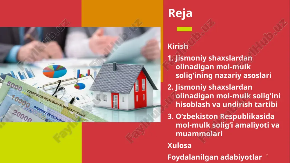 lov muddati har yili 15-dekabrga qadar to‘liq to‘lanishi shart. 8. imtiyozlar - nogironlar, pensionerlar, urush qatnashchilari, yolg‘iz keksalar uchun to‘liq yoki qisman imtiyoz. - ba’zi holatlarda bir dona turar joy uchun soliqdan ozod etiladi. 9. soliqni undirish mexanizmi soliq organlari tomonidan kadastr ma’lumotlari asosida aniqlanadi, to‘lov summasi elektron tarzda “my.soliq.uz” portali orqali bildiriladi. 10. soliqni to‘lash usullari - bank kassalari yoki to‘lov terminallari orqali - onlayn: soliq.uz, click, payme, apelsin va h.k. 11. nazorat va javobgarlik soliqni o‘z vaqtida to‘lamaslik jarima va penya undirilishiga sabab bo‘ladi. soliq organlari nazorat olib boradi. 12. me’yoriy-huquqiy asoslar - o‘zbekiston respublikasi soliq kodeksi (2020-yil tahriri) - prezident farmonlari va vazirlar mahkamasi qarorlari - davlat soliq qo‘mitasi buyruqlari. 13. amaliy ahamiyati mahalliy byudjetlar daromadlarini shakllantirish, infratuzilmani saqlash va hududlarni rivojlantirish uchun muhim manba. jismoniy shaxslardan olinadigan mol-mulk solig‘ining nazariy asoslari mol-mulk solig‘i iqtisodiyotning muhim tarkibiy qismi bo‘lib, jismoniy shaxslarning mulkiy manfaatlarini hisobga olgan holda davlat …