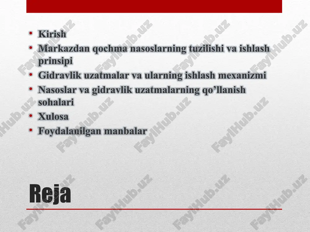 b, bosimni oshiradi. volut yoki diffuser tipida bo’ladi. val (shaft) impellerni dvigatel bilan bog’laydi va aylanishni uzatadi. podshipniklar (bearings) valni qo’llab-quvvatlaydi va ishqalanishni kamaytiradi. muhrlar (seals) suyuqlik oqishini oldini oladi, mexanik muhrlar yoki qadoqlar ishlatiladi. dvigatel va tayanch nasosni harakatlantirish va o’rnatish uchun. gidravlik uzatmalar gidravlik uzatmalar (gidrostatik uzatmalar) suyuqlik bosimi orqali quvvatni uzatadigan tizimlar bo’lib, ular mexanik energiyani gidravlik energiyaga aylantiradi va aksincha. asosiy komponentlari: gidravlik nasos, motor, klapanlar, rezervuar va quvurlar. gidravlik uzatmalar quyidagi sohalarda qo’llaniladi: sanoat mashinalari: ishlab chiqarish liniyalarida, materiallarni ko’tarish va yig’ishda avtomobil sanoati: tormozlar, suspenziya va rul boshqaruvi tizimlarida boshqa: liftlar, chiqindilarni qayta ishlash va kimyo sanoatida energiya va ishlab chiqarish: konveyerlar, sentrifugalar va yuk ko’tarish uskunalarda qurilish va qishloq xo’jaligi: ekskavatorlar, traktorlar va yuk ko’taruvchilarda markazdan qochma nasoslar gidravlik uzatmalarda energiyani o’tkazish uchun ishlatiladi, chunki ular bosimni barqaror saqlaydi. gidravlik tizimlarda nasoslar suyuqlikni silindr yoki motorlarga yetkazadi, bu esa kuchli mexanizmlarni boshqarishga imkon …