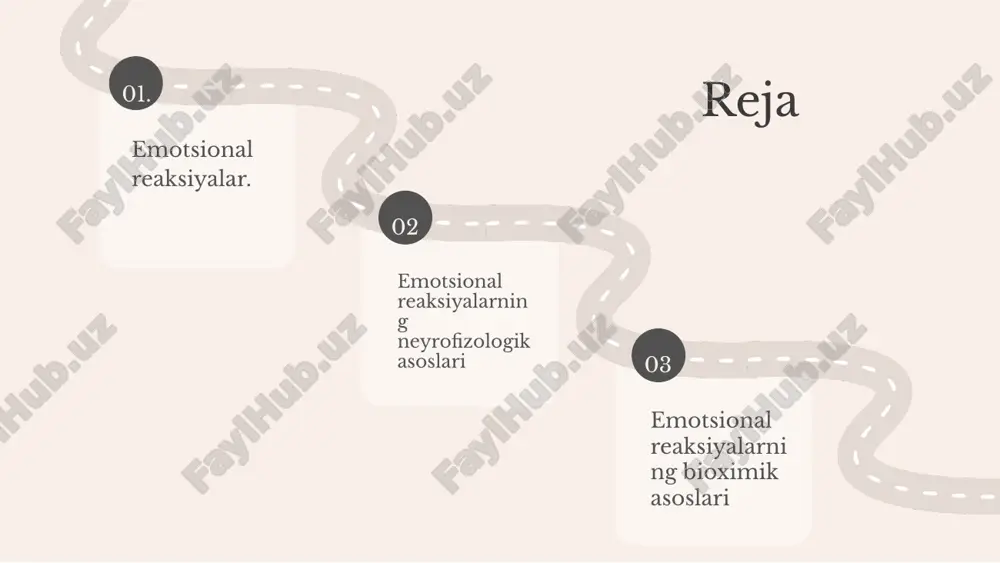 a barqarorligiga ta'sir ko‘rsatadi. neyrotransmitterlar, masalan, serotonin, dopamin va noradrenalin, emotsional holatlar bilan bevosita bog‘liq bo‘lib, ular kayfiyat, motivatsiya va stressni boshqarishda muhim. autonom va markaziy nerv tizimining ishlashi, shuningdek, neyrotransmitterlarning balansi emotsional reaktsiyalarni shakllantiradi va buzilishlar emotsional disfunktsiyalarga olib kelishi mumkin. emotsional reaksiyalarning biologik mexanizmlari emotsional reaksiyalarning biologik asoslari emotsiyalar nerv tizimi, gormonlar va biokimyoviy o'zgarishlar bilan bog'liq. biologik mexanizmlar emotsiyalarni boshqarish va ifoda qilishda muhim rol o'ynaydi. gormonlar va emotsiyalar adrenalin, kortizol, oksitosin kabi gormonlar emotsiyalar va stressga ta'sir qiladi. gormonlar emotsional holatlarni, stress va ijtimoiy aloqalarni ta'sir etadi, motivatsiyani kuchaytiradi. emotsional reaksiyalarning bioximik asoslari emotsional reaksiyalarning bioximik jarayonlari organizmda neyrotransmitterlar va gormonlar orqali amalga oshadi. bu moddalar ruhiy holatlarni o'zgartirishda muhim rol o'ynaydi. asosiy bioximik moddalar sifatida noradrenalin, serotonin, dopamin va oksitotsin neyrotransmitterlar, shuningdek kortizol va adrenalin gormonlar emotsional holatlarni boshqarishda ta'sir ko'rsatadi. masalan, stressda kortizol darajasi oshadi. stress, quvonch va boshqa hissiyotlar paytida bioximik o'zgarishlar yuzaga …
