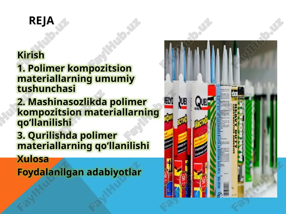 ch₂]– zanjiri hosil qiladi. polimer kompozitlarning afzalliklari va cheklovlari birinchi navbatda, engillik va yuqori mustahkamlik nisbati (specific strength) kompozitlarning zichligi past bo'lgani uchun ularning mustahkamligi og'irligiga nisbatan 2-5 marta yuqori. bu aerokosmikada raketa korpuslari va samolyot qanotlarida qo'llanilishini ta'minlaydi, masalan, boeing 787 da kompozitlar 50% ni tashkil etib, yoqilg'i sarfini 20% ga kamaytiradi ikkinchi afzallik – korroziyaga chidamlilik: polimer matritsa suv va kimyoviy moddalarga chidamli bo'lib, metallar kabi zanglamaydi, bu dengiz qurilishida va quvurlarda foydalidir. uchinchi, dizayn erkinligi: kompozitlar shakllanishi oson bo'lib, murakkab geometriyali detallar (masalan, avtomobil panellari) ishlab chiqarish imkonini beradi mashinasozlikda polimer kompozitsion materiallarning qo‘llanilishi mashinasozlik sohasida polimer kompozitsion materiallarning roli tobora ortib bormoqda. bu materiallar metall va boshqa an'anaviy komponentlarga nisbatan engilroq, korroziyaga chidamli va ishlab chiqarish jarayonlarida moslashuvchanlikni ta'minlaydi. polimer kompozitlari ikki yoki undan ortiq komponentdan iborat bo'lib, ularning har biri turli fizik-kimyoviy xususiyatlarga ega: polimer matritsasi va mustahkamlovchi tolalar (masalan, shisha tolasi yoki uglerod tolasi). …