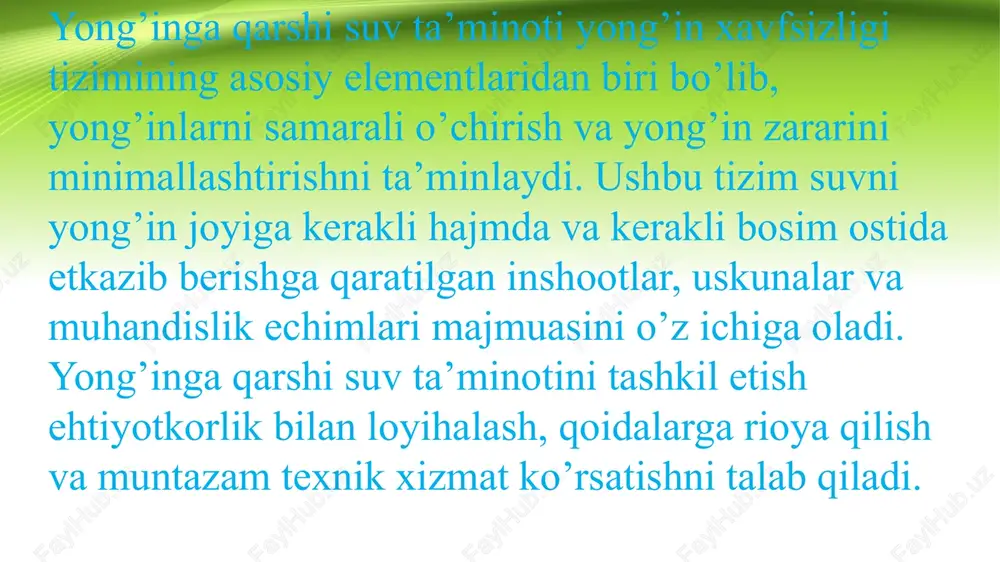 ’minoti tizimlari odatda turar-joy, ma’muriy va ishlab chiqarish binolarida o’rnatiladi. ushbu tizimlarga binoning har bir qavatida joylashgan yong’in kranlariga suv etkazib beradigan quvurlar tarmoqlari kiradi. tizimda doimiy bosimni ta’minlash uchun nasos stantsiyalari ishlatiladi, ular yong’in sodir bo’lganda avtomatik ravishda yoqiladi. sanitariya-tesisat tizimlari har doim ish holatida bo’lishi kerak, bu muntazam tekshirish va texnik xizmat ko’rsatishni talab qiladi. tizimlarning samarali ishlashida muntazam texnik xizmat ko’rsatishning roli yong’inga qarshi suv ta’minoti tizimlariga texnik xizmat ko’rsatish ularning ishonchli ishlashini ta’minlashning ajralmas qismidir. gidrantlar, nasoslar, quvurlar va sprinklerlarning holatini muntazam tekshirish nosozliklarni erta aniqlash va bartaraf etish imkonini beradi. bundan tashqari, favqulodda vaziyatlarda tizimning barcha ishtirokchilari tezkor harakatlarga tayyor bo’lishlari uchun xodimlar va o’t o’chirish xizmatlarini tayyorlash kerak. sprinkler suv nasos yong’inga qarshi suv ta’minoti-bu odamlarning xavfsizligi va mulkning xavfsizligi bog’liq bo’lgan hayotiy tizim. uning to’g’ri dizayni, o’rnatilishi va texnik xizmat ko’rsatishi yong’inlarga qarshi samarali kurashish, ularning tarqalish xavfini kamaytirish va oqibatlarini minimallashtirish imkonini …