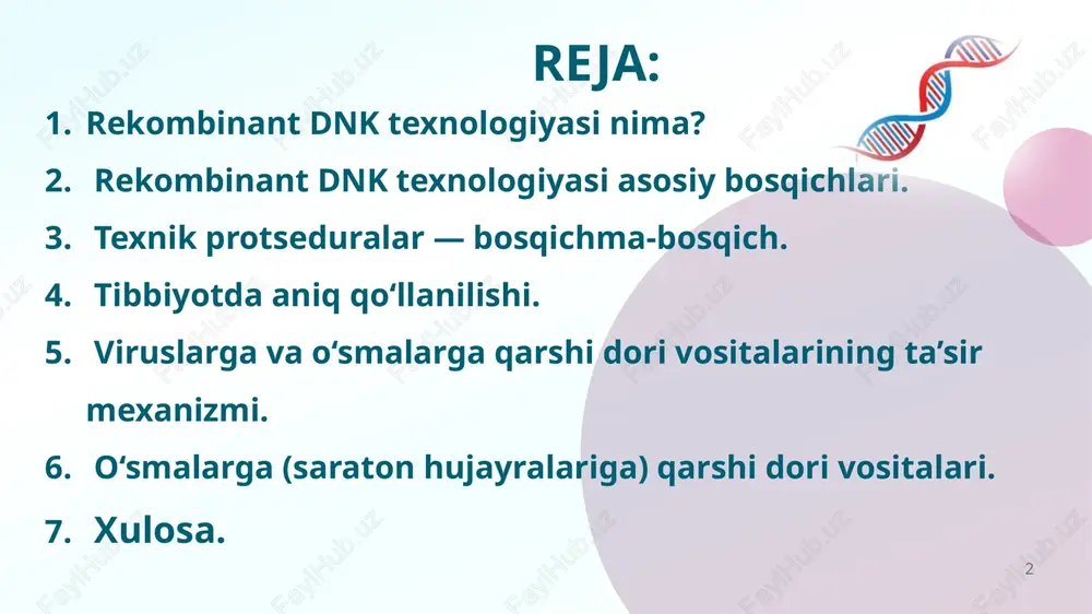 usullari ham keng tarqalgan (seamless cloning). 3. transformatsiya yoki transduksiya bakteriyaga (misol e. coli) plazmida kiritish — transformatsiya. agar viral vektordan foydalansa, hujayraga transduksiya. 4. ekspressiya va optimallashtirish oqsilning yuqori hosildorligi uchun kodon optimizatsiyasi, signallash peptidlari (sekretsiya uchun), chaperonlar qo‘shish mumkin. 5. tozalash va karakterizatsiya oqsilni chromatografiya (affinity, ion-exchange, size-exclusion) orqali tozalash; sds-page, western blot, mass-spektrometriya bilan aniqlash. 6. sifat nazorati va sterilizatsiya endotoksin testi, bioburden testlari, funktsional bioassaylar. 5 5 tibbiyotda aniq qo‘llanilishi va misollar rekombinant insulin (e. coli): diabetda in’eksiya uchun. epo (eritropoetin): anemiyalarni davolashda. monoklonal antitanalar: trastuzumab (her2+ ko‘krak saratoni), rituximab (cd20, limfoma). rekombinant vaksinalar: hepatit b vaktsinasi (recombinant hbsag), hpv vaksinalari (l1 protein virus-like particles). gen terapiyasi mahsulotlari: luxturna (aav orqali retinal kasalliklar uchun), zolgensma (spinal mushak atrofiya uchun — aav vektor bilan gen yetkazish). (nomlar misol sifatida — agar hozirgi ro‘yxat kerak bo‘lsa, batafsil yangilanadi.) 6 6 tibbiyotda qo‘llanilishi : 7 🧫 1. rekombinant oqsillarni …