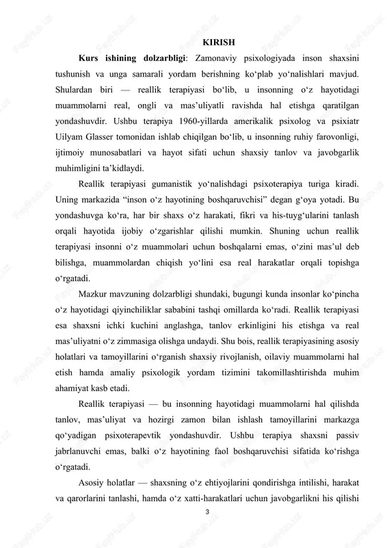 sosiy holatlari va tamoyillarini o‘rganish shaxsiy rivojlanish, oilaviy muammolarni hal etish hamda amaliy psixologik yordam tizimini takomillashtirishda muhim ahamiyat kasb etadi. reallik terapiyasi — bu insonning hayotidagi muammolarni hal qilishda tanlov, mas’uliyat va hozirgi zamon bilan ishlash tamoyillarini markazga qo‘yadigan psixoterapevtik yondashuvdir. ushbu terapiya shaxsni passiv jabrlanuvchi emas, balki o‘z hayotining faol boshqaruvchisi sifatida ko‘rishga o‘rgatadi. asosiy holatlar — shaxsning o‘z ehtiyojlarini qondirishga intilishi, harakat va qarorlarini tanlashi, hamda o‘z xatti-harakatlari uchun javobgarlikni his qilishi — insonni ijobiy o‘zgarishlarga undaydi. tamoyillar esa: mas’uliyatni qabul qilish, tanlov erkinligini his etish, hozirgi muammolarni hal etishga e’tibor qaratish, sog‘lom munosabatlar o‘rnatish va real hayot sharoitida harakat qilishdan iborat. shuni ta’kidlash mumkinki, reallik terapiyasi shaxsiy rivojlanish, oilaviy va ijtimoiy munosabatlarni yaxshilash, yoshlar va kattalarda ijobiy xulq-atvorni shakllantirish uchun samarali vositadir. ushbu yondashuv psixologik amaliyotda insonni o‘z hayotini ongli boshqarishga, real tanlovlar qilishga va mas’uliyatni his etishga o‘rgatadigan muhim konsepsiya sifatida ahamiyat kasb etadi. reallik …