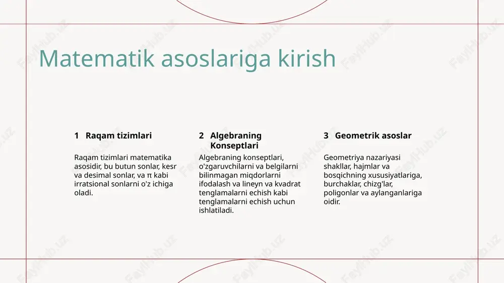 ta'minlaydi. simmetriyani va patternlarni aniqlash symmetry va shakllar va tasvirlarda mo'ljallangan nazariyalarni tanish, ularning xususiyatlarini va san'at, dizayn va tabiatdagi qo'llanilishlarini tushunishga yordam beradi. masala hal qilishda geometriya asoslarini qo'llash geometrik printsip, masalan, yuza, perimetr va hajm kabi, qurilish, muhandislik va arxitektura bilan bog'liq haqiqiy dunyo muammolarni echishda zarurdir. trigonometrik funksiyalarni qo'llash trigonometrik funksiyalarni tushunish sinus, kosinus va tangent kabi trigonometrik funksiyalar burch va masofa bilan bog'liq haqiqiy dunyo muammolarni hal etish uchun qo'llanilishi mumkin. to'g'ri burchakli uchburchaklarni echish trigonometrik funktsiyalar to'g'ri burchakli uchburchaklarda qolgan tomonlar va burchaklarni topish uchun ishlatilishi mumkin, masalan, sinuskosinusni tomon uzunligini topish uchun ishlatish mumkin. mühendislik va fizikada qo'llanmalar trigonometrik funktsiyalar muhandislik va fizikada zarur, ular kuchlar, harakatlar va talqinlarni turli sohalar uchun tahlil qilishda ishlatiladi. hisoblash ehtimoliyati va statistikasi matematik ehtimoliyatni tushunish ehtimollik – bu maqsadli hodisalar ehtimoli, ularning sonini umumiy ehtimolliklar soniga bo'lib hisoblash orqali hisoblanadi. statistik tahlil texnikalari statistik tahlil, ma'lumotlarni tushuntirish …