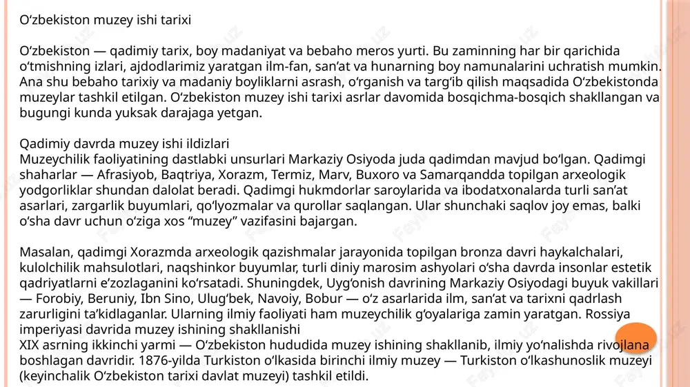axsiy xazinasi va tarixiy buyumlari saqlangan bo‘lib, ular keyinchalik muzey kolleksiyalarining asosini tashkil etdi. samarqandda esa arxeologik qazishmalar natijasida topilgan buyumlar to‘plami yig‘ildi va keyinchalik mahalliy muzey tashkil etilishiga sabab bo‘ldi. sovet davrida muzey ishining rivojlanishi 1917-yilgi inqilobdan so‘ng, o‘zbekiston hududida yangi davr — sovet davri boshlandi. bu davrda muzeylar davlat siyosati darajasida e’tibor qaratiladigan madaniy-ma’rifiy maskanlarga aylandi. 1920-yilda turkiston muzeyi qayta tashkil etilib, o‘zbekiston xalq muzeyi deb atala boshlandi. keyinchalik bu muzey o‘zbekiston tarixi davlat muzeyi nomini oldi. shu yillarda toshkent, samarqand, buxoro, xiva, termiz, qo‘qon, andijon, farg‘ona kabi shaharlarda ham yangi muzeylar tashkil etildi. 1920–1930-yillar o‘zbekistonda muzey ishining kengayish davri bo‘ldi. muzeylar nafaqat tarixiy, balki tabiiy, texnik, badiiy va memorial yo‘nalishlarda ham tashkil etila boshlandi. masalan, 1924-yilda samarqandda ulug‘bek muzeyi, 1932-yilda toshkentda san’at muzeyi, 1934-yilda esa o‘zbekiston davlat san’at muzeyi ochildi. bu davrda muzeylar xalqni yangi ijtimoiy g‘oyalar ruhida tarbiyalash, mehnat va sotsializmni targ‘ib qilish vositasi sifatida ham …
