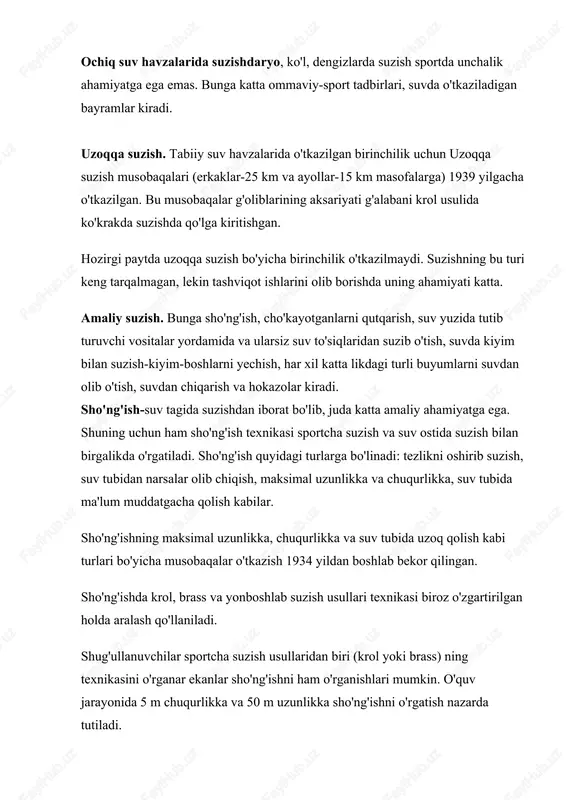 ishlarini olib borishda uning ahamiyati katta. amaliy suzish. bunga sho'ng'ish, cho'kayotganlarni qutqarish, suv yuzida tutib turuvchi vositalar yordamida va ularsiz suv to'siqlaridan suzib o'tish, suvda kiyim bilan suzish-kiyim-boshlarni yechish, har xil katta likdagi turli buyumlarni suvdan olib o'tish, suvdan chiqarish va hokazolar kiradi. sho'ng'ish-suv tagida suzishdan iborat bo'lib, juda katta amaliy ahamiyatga ega. shuning uchun ham sho'ng'ish texnikasi sportcha suzish va suv ostida suzish bilan birgalikda o'rgatiladi. sho'ng'ish quyidagi turlarga bo'linadi: tezlikni oshirib suzish, suv tubidan narsalar olib chiqish, maksimal uzunlikka va chuqurlikka, suv tubida ma'lum muddatgacha qolish kabilar. sho'ng'ishning maksimal uzunlikka, chuqurlikka va suv tubida uzoq qolish kabi turlari bo'yicha musobaqalar o'tkazish 1934 yildan boshlab bekor qilingan. sho'ng'ishda krol, brass va yonboshlab suzish usullari texnikasi biroz o'zgartirilgan holda aralash qo'llaniladi. shug'ullanuvchilar sportcha suzish usullaridan biri (krol yoki brass) ning texnikasini o'rganar ekanlar sho'ng'ishni ham o'rganishlari mumkin. o'quv jarayonida 5 m chuqurlikka va 50 m uzunlikka sho'ng'ishni o'rgatish nazarda tutiladi. …