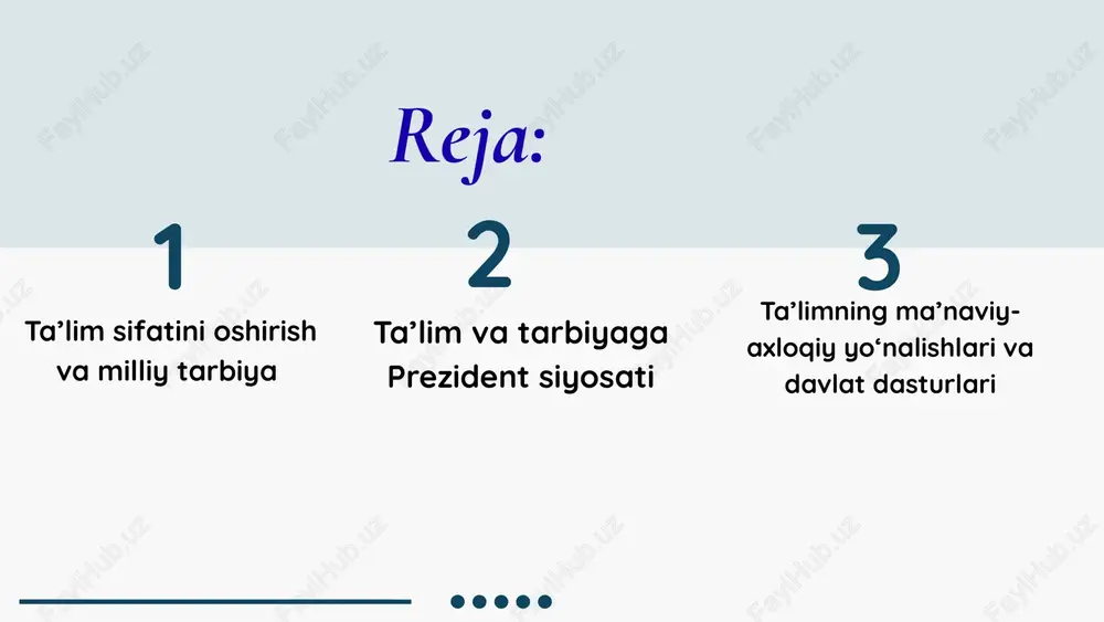 atlarda ta’lim-tarbiya sohasini isloh etish mamlakatning uzoq muddatli rivojlanish rejalari bilan uzviy bog‘langan. bu yo‘nalishda: maktabgacha ta’lim muassasalari tarmog‘i kengaytirildi; umumta’lim maktablarida zamonaviy o‘quv dasturlari joriy etildi; oliy ta’limda yangi universitetlar, filiallar ochildi; pedagog kadrlarning maqomi va oyligi oshirildi; yoshlar siyosati davlat miqyosida mustahkamlandi. o’qituvchilarning eng muhim vazifasi yosh avlodga puxta ta’lim berish, ularni jismoniy va ma’naviy yetuk insonlar etib tarbiyalashdan iboratdir. shavkat mirziyoyev tarbiya – millatning ma’naviy tayanchi ta’lim bilan bir qatorda tarbiya masalasi ham alohida e’tibor markazida turadi. sh.m. mirziyoyev “ma’naviyat va ma’rifat” g‘oyalarini ilgari surar ekan, yosh avlodni vatanga sadoqat, milliy qadriyatlarga hurmat, bag‘rikenglik va mehnatsevarlik ruhida tarbiyalashni bugungi kunning eng dolzarb vazifasi deb biladi. uning so‘zlari bilan aytganda: tarbiya “ta’lim-tarbiya tizimini isloh qilmasdan turib, jamiyatni o‘zgartirish, yangi o‘zbekistonni qurish mumkin emas.” o‘zbekiston respublikasi prezidenti shavkat miromonovich mirziyoyev asarlarida inson kapitalini rivojlantirish masalasi mamlakat taraqqiyotining eng muhim ustuvor yo‘nalishlaridan biri sifatida talqin etiladi. u o‘z nutqlari, ma’ruzalar …