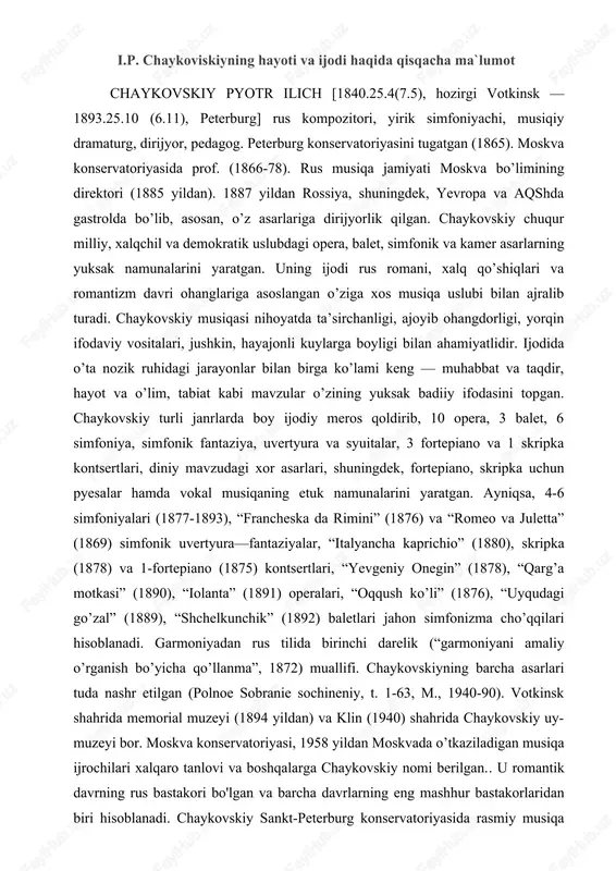 k (“garmoniyani amaliy o’rganish bo’yicha qo’llanma”, 1872) muallifi. chaykovskiyning barcha asarlari tuda nashr etilgan (polnoe sobranie sochineniy, t. 1-63, m., 1940-90). votkinsk shahrida memorial muzeyi (1894 yildan) va klin (1940) shahrida chaykovskiy uy-muzeyi bor. moskva konservatoriyasi, 1958 yildan moskvada o’tkaziladigan musiqa ijrochilari xalqaro tanlovi va boshqalarga chaykovskiy nomi berilgan.. u romantik davrning rus bastakori bo'lgan va barcha davrlarning eng mashhur bastakorlaridan biri hisoblanadi. chaykovskiy sankt-peterburg konservatoriyasida rasmiy musiqa ta'limini oldi va u erda o'z davrining eng taniqli musiqa o'qituvchilari bilan birga o'qidi. chaykovskiy musiqasi hissiy chuqurligi va boy orkestri bilan mashhur. uning eng mashhur asarlari orasida baletlar oqqush ko'li, nutcracker va uxlayotgan go'zallik, shuningdek, 1812 yilgi uvertura, 5-simfoniya va 1-pianino kontserti. bastakor sifatida muvaffaqiyat qozonganiga qaramay, chaykovskiyning shaxsiy hayoti ko'pincha qiyin bo'lgan. u depressiya bilan kurashdi va o'sha paytda rossiyada noqonuniy bo'lgan tomonidan azoblandi. 1893 yilda u sirli sharoitda vafot etdi, ular bugungi kunda ham olimlar tomonidan muhokama qilinmoqda. ushbu …