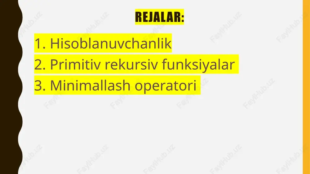 bo ‘ladi f primitiv rekursiv funksiyaning ta’rifidan faqat boshlang'ich funksiyalarga qo'shimcha ravishda fl -operatorini qo'llashga ruxsat berilishi bilan farq qiladi. shuning uchun ham har qanday prim itiv rekursiv funksiya o ‘z navbatida qismiy rekursiv funksiya bo ‘ladi shunday qilib, har bir primitiv rekursiv funksiya qismiy rekursiv (rekursiv) funksiya bo'lgani uchun, qismiy rekursiv funksiyalar sinfi primitiv rekursiv funksiyalar sinfidan kengdir. qismiy rekursiv funksiya tushunchasi algoritmlar nazariyasining asosiy tushunchalaridan biridir. shuni ham ta’kidlab o'tamizki, birinchidan, har qanday qismiy rekursiv funksiyaning qiymati mexanik xarakterga ega bo‘lgan ma’lum bir protsedura yordamida hisoblanadi va bu protsedura bizning algoritm haqidagi intuitiv tasavvurimizga to'g'ri keladi. ikkinchidan, hozirgacha qanday muayyan algoritmlar yaratilgan bo‘lmasin, ular yordamida qiymatlari hisoblanuvchi sonli (arifmetik) funksiyalar albatta qismiy rekursiv funksiyalar bo‘lib chiqdilar. shuning uchun ham hozirgi paytda qismiy rekursiv funksiya tushunchasi algoritm tushunchasining ilmiy ekvivalenti sifatida qabul qilingan. buni birinchi bo‘lib, yuqorida ta’kidlab o‘tganimizdek, ilmiy tezis sifatida a.chyorch va s.klini o ‘rtaga tashladilar. xuddi …