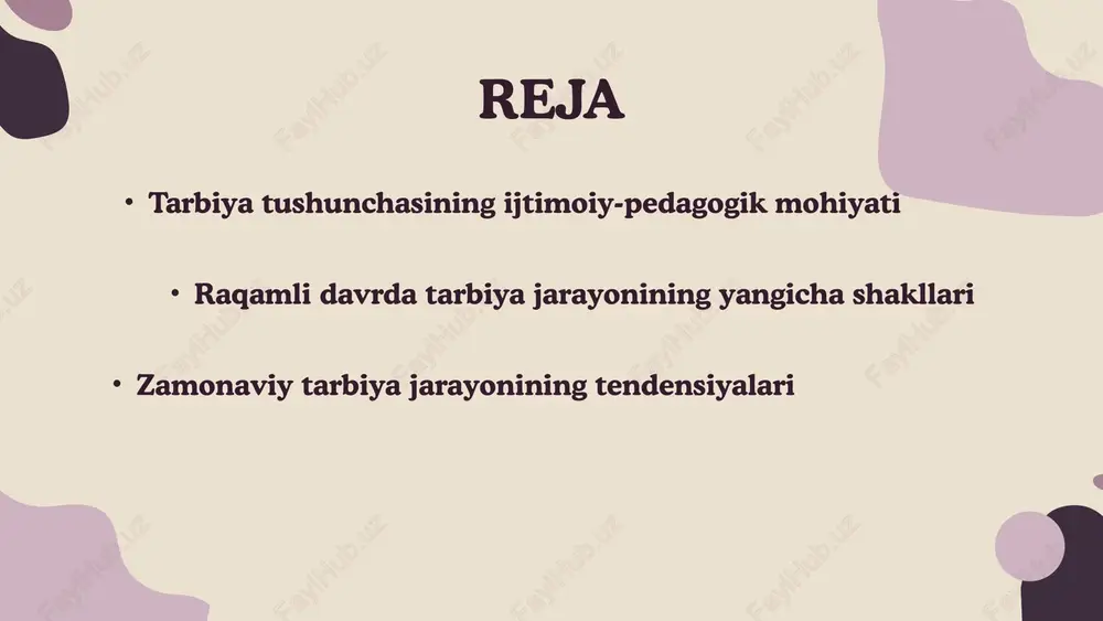 axsning biologik rivojlanishini ijtimoiy-axloqiy qadriyatlar bilan uyg‘unlashtiradi, uni jamiyatda to‘g‘ri yashash, mehnat qilish va muloqot qilishga o‘rgatadi. tarbiya jarayonining pedagogik mohiyati maqsadga yo‘naltirilganlik – tarbiya tasodifiy emas, balki oldindan belgilangan maqsad asosida amalga oshiriladi. uzluksizlik va tizimlilik – inson hayoti davomida tarbiya davom etadi. jamoaviylik va shaxsiy yondashuv – tarbiya jamoa orqali amalga oshiriladi, lekin har bir shaxsning o‘ziga xos xususiyatlari hisobga olinadi. hayot bilan bog‘liqlik – tarbiya amaliy hayot tajribasiga tayanadi. o‘zaro ta’sir – tarbiya jarayoni ikki tomonlama bo‘lib, tarbiyachi va tarbiyalanuvchi faol ishtirok etadi. tarbiya jarayonining o‘ziga xos xususiyatlari tarbiyaning ijtimoiy-pedagogik ahamiyati insonni jamiyatning to‘laqonli a’zosi sifatida shakllantiradi. shaxsning axloqiy, huquqiy, mehnat, estetik va vatanparvarlik sifatlarini rivojlantiradi. jamiyat taraqqiyotini ta’minlaydigan ma’naviy merosni davom ettiradi. yosh avlodni ijtimoiy faol, mas’uliyatli, va komil inson sifatida tarbiyalaydi. tarbiya — bu shaxsni har tomonlama rivojlantirish va jamiyat hayotiga tayyorlashga qaratilgan maqsadli pedagogik jarayondir. tarbiya ko‘p qirrali jarayon bo‘lib, u insonning aqliy, axloqiy, …