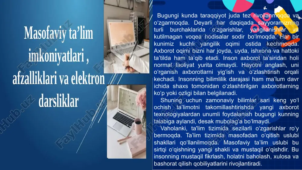 yn ta’limda siz dam olish kunlarida, ishdan qaytganingizda hatto yarim kechada o‘qishingiz mumkin; mablag‘ingiz tejaladi. har qanday dastur uchun masofaviy ta’lim darajasi o‘quv markazlaridagi oddiy to‘lovdan ko‘ra ancha arzonroq bo‘lishi mumkin. iqtisodiy jihatdan maqbul variantlarni qidirayotgan o‘quvchilar uchun onlayn ta’lim eng to‘g’ri yo‘l; jamiyatni axborotlashtirish va innovatsion yo'naltirishning zamonaviy sharoitida inson dunyoning axborot resurslari va ma'lumotlar bazalaridan foydalanishi, butun hayoti davomida o'z kasbiy mahoratini doimiy ravishda oshirishi mumkin bo'lgan uzluksiz ta'limning moslashuvchan taqsimlangan tizimini shakllantirish zarurati tug'iladi. hayot va bu unga professional mobil va ijodiy faol bo'lishga imkon beradi. axborot oqimining uzluksiz o'sib borishi va tez o'zgaruvchan texnologiyalar jarayonida masofaviy ta'lim ham shu kabidir. masofaviy ta'limni rivojlantirishning ahamiyati davlat darajasida belgilangan va "ta'limni rivojlantirishning eng muhim ustuvor yo'nalishi" [1]. bilimlarni oddiy uzatishga asoslangan ta'limning an'anaviy yondashuvlaridan farqli o'laroq, masofaviy ta'lim uzluksiz ta'limni, uning barcha bosqichlarini bosib o'tishni, bilim, ko'nikmalarni ta'minlashni, tushunishni o'rgatishni, foydalanish imkoniyatini oshirishni va yangi telekommunikatsiya va masofaviy …