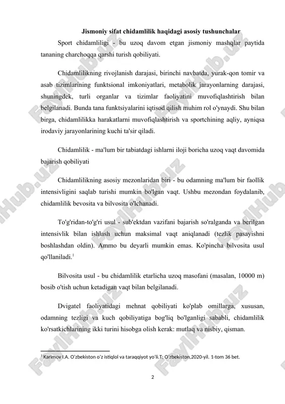 n past intensivlikdagi mushak harakatlarini uzoq vaqt davomida bajarish qobiliyati. umumiy chidamlilik 85-100% atletik ko'rsatkichdir. umumiy chidamlilikning eng muhim xususiyatlaridan biri keng ko'lamli tashish qobiliyatidir, ya'ni. yugurish mashqlari yordamida rivojlangan va yugurishda namoyon bo'ladigan umumiy chidamlilik chang'i uchish, yurish natijalari bilan yuqori darajada bog'liqdir. umumiy chidamlilik boshqa barcha turdagi chidamlilik ko'rinishlarining rivojlanishi uchun asosdir, deb ishoniladi. umumiy chidamlilikning namoyon bo'lishi sport texnikasiga (birinchi navbatda ish harakatlarining samaradorligiga) va sportchining "chidash" qobiliyatiga bog'liq, ya'ni. ixtiyoriy harakatlarni jamlash orqali yaqinlashib kelayotgan charchoqqa qarshi turish. umumiy chidamlilikning biologik asosi sportchi organizmining aerob qobiliyatidir. aerob quvvatni iste'mol qilishning asosiy ko'rsatkichi daqiqada litrda maksimal kislorod iste'moli (moc) hisoblanadi. maxsus chidamlilik - ixtisoslashtirilgan mashqlarning o'ziga xosligi (davomiyligi va tabiati) ga muvofiq mushaklar kuchini mashq qilish qobiliyati. o'rta masofaga yugurishda maxsus chidamlilik (bu holda tezlikka chidamlilik deb ham ataladi) masofada kerakli tezlikni saqlab turishda namoyon bo'ladi. maxsus chidamlilikning namoyon bo'lishi bir qancha fiziologik va psixologik omillarga bog'liq. …