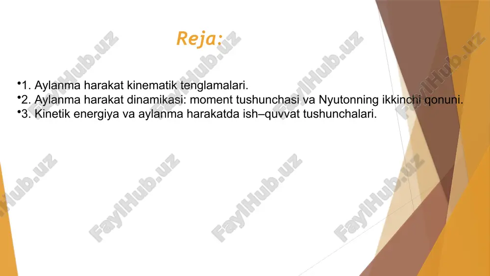 nisbati bilan aniqlanadi. u moddiy nuqtaning qanchalik tez aylanayotganini ko‘rsatadi. uning si birligi radian/soniya (rad/s) dir. aylanish harakatida u tezlik vektorining yoʻnalishini ham ifodalaydi. burchak tezlanishi (\alpha) burchak tezlanishi burchak tezligining vaqt bo‘yicha o‘zgarish tezligini ko‘rsatadi. uning mavjudligi aylanish tezligining oshishi yoki kamayishini anglatadi. uning si birligi radian/soniya kvadrati (rad/s^2) dir. aylanma harakat dinamikasi: moment tushunchasi va nyutonning ikkinchi qonuniaylanma harakat dinamikasida kuchning o‘zi emas, balki uning qaysi nuqtaga va qanday yo‘nalishda ta’sir qilishi muhimdir. shu sababli “kuch momenti” tushunchasi kiritiladi. kuch momenti – bu kuchning aylanish hosil qilishdagi samaradorligini ifodalaydi. kuch markazga yaqinroq ta’sir qilsa, aylantirish qiyin bo‘ladi, uzoqroq joyda ta’sir qilsa, osonroq bo‘ladi.aylanma harakat uchun nyutonning ikkinchi qonuni shunday deydi: jismning burchak tezlanishi unga ta’sir etayotgan kuch momentiga to‘g‘ri, inertsiya momentiga teskari proportsional. inertsiya momenti – jismning aylanishga qarshilik ko‘rsatish o‘lchovi bo‘lib, jism massasi va uning aylanish o‘qiga nisbatan taqsimlanishiga bog‘liq. markazga intilma va markazdan qochma kuchlar aylanma …