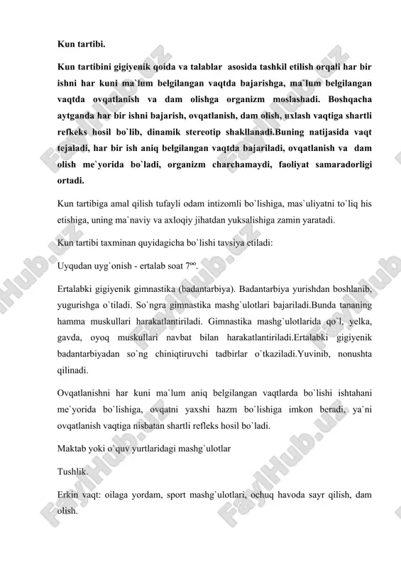 mashtirib bo`lmaydigan turi hisoblanadi.uyqu yetarli bo`lishi va uni to`g`ri tashkil etilishi sportchi sog`lig`ini mustahkamlash va ish bajarish qobiliyatini yuqori darajada bo`lishini ta`minlaydi.oquvchi - talabalar bir kecha-kunduzda 8-9 soat uxlashi kerak.uxlash soat 22 da, uyg`onish soat 6 da, yoki uxlash 23 da, uyg`onish soat 7 da. har kuni bir vaqtda uxlash bir vaqtda uyg`onishga odatlangan odam yotishi bilanoq darrov uxlaydi, uyqu tinch bo`lib, yaxshi dam oladi.uyg`onish vaqti yetishi bilanoq u uyg`onadi. uyqudan keyin ish bajarish imkoniyati yaxshi bo`ladi.uxlash uchun ko`rpa-to`shak qulay bo`lishi kerak (matras, 2 ta choyshab, jun odeyal, yumshoq yostiq).uyqudan oldin deraza darchasini ochib havosi yangilanishi lozim. uyqudan oldin ochiq havoda 10-20 minut sayr qilish uyquning unumli bo`lishiga ijobiy ta`sir qiladi. shaxsiy gigiyena.shaxsiy gigiyena tushunchasi asosida har bir shaxs zimmasida o`zining va jamiyat a`zolarining, qolaversa kelajak avlodlar sog`lig`i va tabiatni muhofaza qilish uchun zarur bo`lgan gigiyenik bilimlarni o`zlashtirish va ularga amal qilish mas`uliyati turadi.ayrim odamlar shaxsiy gigiyena tushunchasini tor ma`noda …