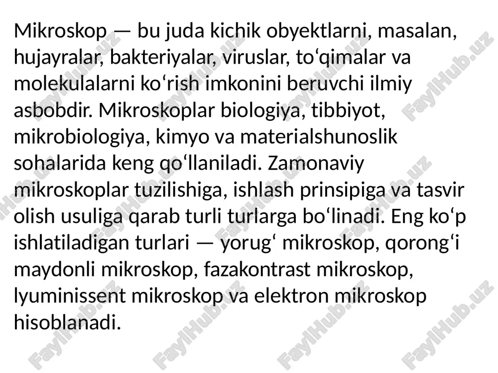 yorqinlik farqiga aylantiradi. bu orqali shaffof va bo‘yalmagan hujayralarni ham aniq ko‘rish mumkin. qo‘llanilishi: jonli hujayralar, sitoplazma harakati, organellalar harakatini o‘rganishda. to‘qimalarni tabiiy holatda tahlil qilishda. afzalliklari: bo‘yalmagan namunani kuzatish imkonini beradi. hujayra ichidagi harakatlarni ko‘rsatadi. hujayra fiziologiyasini buzmasdan o‘rganish mumkin. kamchiliklari: mikroskop narxi qimmat. moslashtirish jarayoni murakkab. 4. lyuminissent mikroskop tavsifi: bu mikroskopda ultrabinafsha (uv) yoki ko‘k nur yordamida lyuminissent moddalarning nurlanishi (porlashi) kuzatiladi. namuna oldindan maxsus bo‘yoqlar (flyuoroxromlar) bilan bo‘yaladi, ular uv nuri ta’sirida porlab, tasvir beradi. qo‘llanilishi: viruslar, bakteriyalar, dnk, oqsillarni aniqlashda. immunoflyuorestsent tahlillarda. onkologiya va genetikada keng qo‘llaniladi. afzalliklari: juda aniq va rangli tasvir beradi. maxsus molekulalarni tanlab ko‘rsatish mumkin. tibbiy diagnostikada yuqori aniqlik bilan ishlaydi. kamchiliklari: maxsus reaktivlar va bo‘yoqlar kerak bo‘ladi. asbob narxi yuqori. 5. elektron mikroskop tavsifi: elektron mikroskopda yorug‘lik o‘rniga elektron nuri ishlatiladi. bu nurlar juda qisqa to‘lqin uzunligiga ega bo‘lib, million martagacha kattalashtirish imkonini beradi. turlari: tem (transmission electron microscope) — …