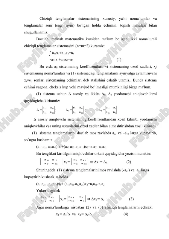 ramer formulalarini chikarish kiyin emas. quyidagi asosiy aniqlovchini kiritamiz: ∆ = bunda i ustunni v1, v2, v3 ozod xadlar ustuni bilan almashtirib (i, i=1,2,3 yordamchi aniqlovchilarni xosil kilamiz. aij elementning algebraik tuldiruvchisini aij kabi belgilaylik. (5) sistema tenglamalarini mos ravishda ∆ aniqlovchidagi birinchi ustun elementlarining algebraik tuldiruvchilariga (a11,a21,a31) kupaytirib kushib chikaylik. (a11a11+a21a21+a31a31)x1+(a12a11+a22a21+a32a31)x2+(a13a11+a23a21+ +a33a31)x3= v1a11+v2a21+v3a31; oxirgi munosobatni aniqlovchilar tiliga utkazsak va laplas formulasidan foydalansak, ∆x1+0x2+0x3=∆1 yoki (x1=(1 tenglamani olamiz. shuningdek 2-ustun yoki 3-ustun elementlari algebraik tuldiruvchilarini mos ravishda (5) sistema tenglamalariga kupaytirib kushib chiksak, ∆x2 =∆2 va ∆x3 =∆3 tenglamalarni olamiz. bu tenglamalardan (5) sistema uchun x1=∆1/∆ , x2=∆2 /∆ , x3=∆3/∆ kramer formulalarini xosil kilamiz. m i s o l : sistema kramer usulida echilsin: x1+2x2 + 3x3=1 2 x1+3x2 + x3=0 2 x1+x2 - 2x3= 0 e ch i sh : asosiy va yordamchi aniqlovchilarni xisoblaymiz: =18, =-5, =-1, =7. kramer formulalariga asosan x1 = ∆1/∆ = -5/18, x2 …