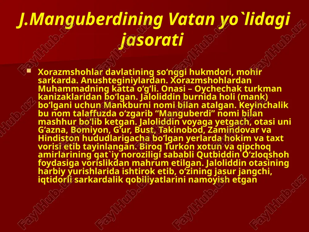 ga hirot voliysi, qaynotasi aminalmulk 10 ming kishilik qo‘shin bilan kelib qo‘shildi. qandahorni qamal qilib turgan mo‘g‘ul qo‘shinlari bilan 3 kunlik jangda jaloliddin manguberdu ularni tor-mor keltirgan. u g‘aznaga 1221-yil keldi. bu yerda unga xalaj qabilasi boshlig‘i sayfuddin ig‘roq, balx voliysi a`zam malik, afg‘onlar sardori muzaffar malik, qarluqlar boshlig‘i hasan qarluq kelib qo‘shildilar. ularning har biri ixtiyorida 30 minglik qo‘shin bor edi. jaloliddin manguberdining o‘zidagi kuchlar esa 60 ming suvoriy edi. jaloliddin manguberdi valiyon qal`asini qamal qilayotgan takajuk va malg‘ur boshchiligidagi mo‘g‘ul qo‘shiniga hujum qilib, 3 kunlik jangdan so‘ng ular tor-mor keltirgan, 1000 dan ortiq mo‘g‘ul askari o‘ldirilgan, omon qolgan qismi panjshir daryosidan o‘tib, ko‘priki buzib tashlashgan. bu jaloliddin manguberdining mo‘g‘ullar ustidan qozongan dastlabki yirik g‘alabasi edi. chingizxon katta qo‘shin to‘plab jaloliddin manguberdiga qarshi shaxsan o‘zi otlangan. g‘ardiz qal`asi yaqinida jaloliddin manguberdi chingizxon qo‘shinining ilg‘orini tor-mor keltiradi va kuchi ozligi sababli sind (hind) daryosi tomon chekinadi. chingizxon qo‘shini jaloliddin manguberdini …