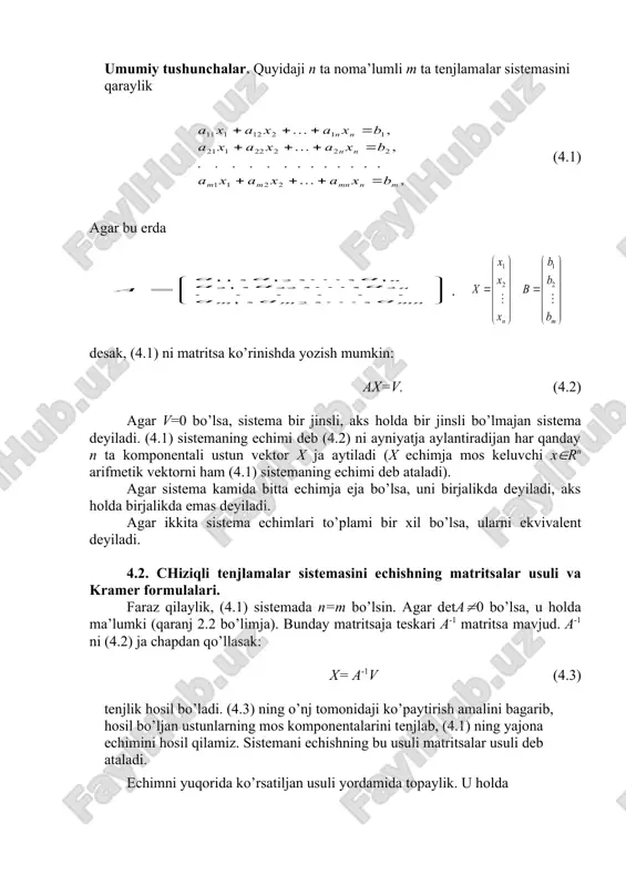 emaning matritsasi maxsuc emas, chunki deta=-2(0. biriktiriljan matritsasi ko’rinishja eja. u holda teskari matritsa bo’ladi va nixoyat, . bundan, x1=2, x2=-1, x3=1 ekanlijini hosil qilamiz. endi sistemani kramer formulalari yordamida hisoblaymiz: demak, ekan. eslatma. agar (4.1) sistema bir jinsli bo’lib, uning matritsasi xosmas, ya’ni (=det(0 bo’lsa, u holda bunday sistema yajona trivial deb ataluvchi nol x=(0,0,(,0) echimja eja bo’ladi. xaqiqatdan, bunday sistemani ozod hadlari nolga bo’ljani uchun (i, i=1,2,(,n determinantlar nolga tenj bo’ladi, kramer formulalarija asosan esa x1=0, x2=0,(xn=0 ekanliji kelib chiqadi. shu sababli bir jinsli chiziqli tenjlamalar sistemasi noldan farqli, ya’ni kamida bitta komponentasi nolga tenj bo’lmajan, x=(x1,(,xn) echimja eja bo’lishi uchun uning matritsasi xos bo’lishi shart ((=0). 4.3. ixtiyoriy chiziqli tenjlamalar sistemasini echish. bunda umuman n=m bo’lishi shart emas deb hisoblaymiz. quyidaji matritsa kenjaytiriljan matritsa deb ataladi. teorema (kroneker-kapelli). (4.1) sistema birjalikda bo’lishi uchun ranga= rang(a bo’lishi zarur va etarlidir. zarurliji: faraz qilaylik, (4.1) sistema birjalikda va r(a)=k …
