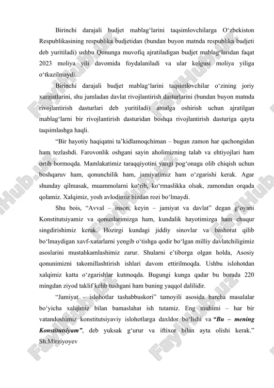 slohotlarga daxldor bo‘lishi va “bu – mening konstitutsiyam”, deb yuksak g‘urur va iftixor bilan ayta olishi kerak.” sh.mirziyoyev birinchi darajali budjet mablag‘larini taqsimlovchilar o‘zbekiston respublikasi vazirlar mahkamasining (bundan buyon matnda vazirlar mahkamasi deb yuritiladi) qaroriga asosan respublika budjetidan ajratiladigan budjet mablag‘larining 10 foizgacha bo‘lgan cheklangan miqdorlarini qoraqalpog‘iston respublikasi budjetidan, viloyatlar va toshkent shahar mahalliy budjetlaridan moliyalashtiriladigan o‘z tasarrufidagi tashkilotlarga yo‘naltirishga haqli. vazirliklar va idoralarning ichki audit xizmati tegishli rivojlantirish dasturlarining samaradorligi natijalarini tahlil qiladi hamda tahlil natijalari to‘g‘risidagi hisobotlarni hisobot choragidan keyingi oyning 20-sanasiga qadar o‘zbekiston respublikasi moliya vazirligiga taqdim etadi. ijtimoiy jihatdan ahamiyatga molik milliy davlat dasturlarini, shuningdek ishlab chiqarish va noishlab chiqarish infratuzilmasini shakllantirishga doir loyihalarni moliyalashtirishni qo‘llab-quvvatlash maqsadida birinchi darajali budjet mablag‘larini taqsimlovchilarga chet el manbalaridan (chet davlatlardan, xalqaro tashkilotlardan, xalqaro moliya va iqtisodiy institutlardan, chet el hukumatlarining moliya tashkilotlaridan) ajratiladigan grant mablag‘larining (bundan miqdorlari va tarmoqlarini o‘zbekiston respublikasi hukumati tomonidan mustaqil ravishda aniqlash shartlari (imkoniyatlari) bilan …