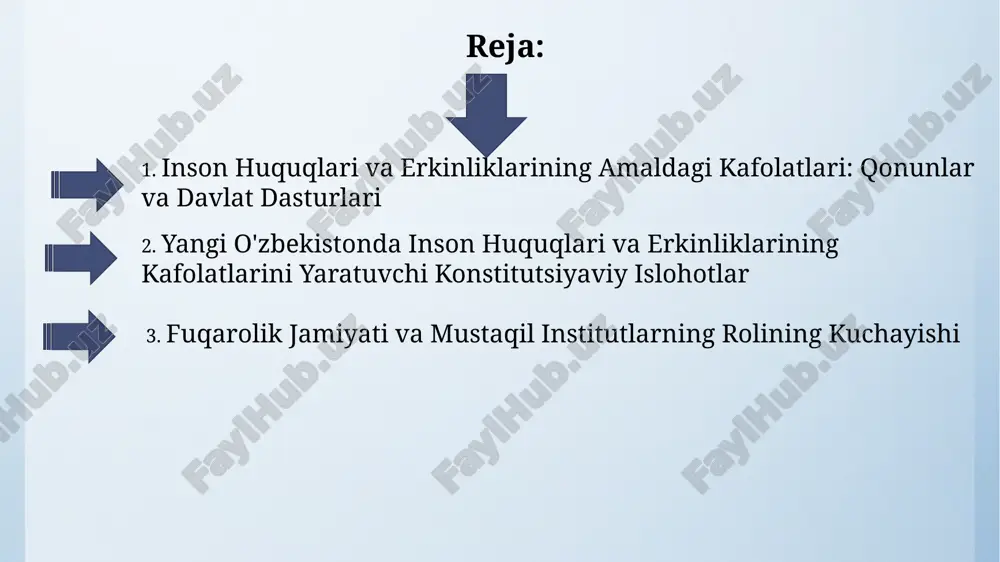 ilg‘or xalqaro tajribalar o‘rganildi. migratsiya va inson huquqlari: muhofaza qilish va integratsiya o'zbekistonda 2020-yildan buyon 1 milliondan ortiq migrantga fuqarolik berilishi inson huquqlarini himoya qilish va ijtimoiy integratsiyani ta'minlashga xizmat qildi. migratsiya sohasidagi korruptsiyani kamaytirish maqsadida, 2023-yilda elektron tizimlar orqali 50% ga yaqin xizmatlar raqamlashtirildi, bu esa shaffoflikni oshirdi. millatlararo munosabatlar va inson huquqlari: bagʻrikenglik va tolerantlik oʻzbekiston konstitutsiyasining 18-moddasi millatlararo totuvlik va bagʻrikenglikni ta’minlashga qaratilgan 10 dan ortiq huquqiy kafolatlarni oʻz ichiga oladi. 2023-yilda qabul qilingan qonunlar inson huquqlari sohasida kamida 5 ta yangi dasturni amalga oshirishni nazarda tutib, tolerantlik va bagʻrikenglikni mustahkamlashga qaratilgan. inson huquqlari boʻyicha milliy mexanizmlar: samaradorlik va rivojlantirish fuqarolik jamiyati institutlari bilan hamkorlikda inson huquqlari monitoringi tizimini takomillashtirish boʻyicha 5 yillik milliy strategiya qabul qilinib, uni amalga oshirish uchun aniq koʻrsatkichlar belgilangan. davlat organlarining inson huquqlari boʻyicha hisobotlarini mustaqil ekspertiza qilish mexanizmlarini joriy etish orqali shaffoflik va hisobot berish madaniyatini rivojlantirish zarur. oʻzbekistonda inson huquqlari …