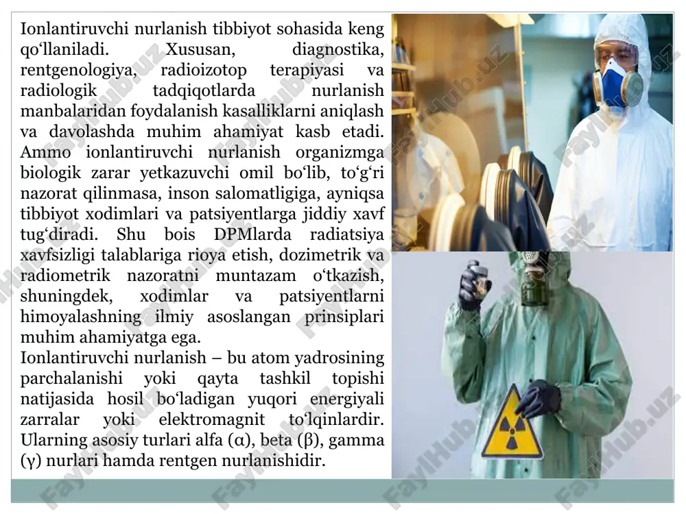 natijalari asosida har bir xodimning shaxsiy yillik doza kartasi yuritiladi. radiatsiya bilan ishlovchi bo‘limlarda sanitariya-gigiyena qoidalariga rioya etish ham zarur. xodimlar har kuni maxsus kiyimda ishlashlari, ish joyida ovqatlanmaslik, ish tugagach qo‘l va yuzni yuvish, ayrim hollarda esa dekontaminatsiya (radioaktiv ifloslanishdan tozalash) jarayonlarini o‘tkazishlari kerak. har bir ish joyida favqulodda holatlarda qo‘llaniladigan yuvish vositalari, himoya kiyimlari, doz nazorat asboblari va birinchi tibbiy yordam vositalari zaxirada bo‘lishi lozim. tibbiyotda qo‘llaniladigan nurlanish manbalari odatda ikki guruhga bo‘linadi: tabiiy va sun’iy manbalar. tabiiy manbalarga kosmik nurlanish, yer po‘stidagi radioaktiv elementlar (uran, toriy, radon) kiradi. sun’iy manbalarga esa rentgen apparatlari, radioizotoplar, gamma-terapiya qurilmalari va lineer tezlatgichlar kiradi. sun’iy manbalar bilan ishlaganda xavf darajasi yuqori bo‘lgani sababli har bir qurilma uchun pasport, texnik nazorat dalolatnomasi va ruxsatnoma mavjud bo‘lishi shart. dozimetrik nazoratdan tashqari, radiometrik tahlil ham muhim o‘rin tutadi. radiometrik tekshiruvlar yordamida radioaktiv zarrachalar ish kiyimiga, asbob-uskunalarga, pol yoki devorlarga tushgan-tushmaganini aniqlash mumkin. masalan, sirt …