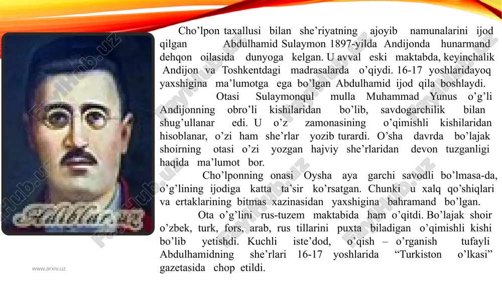 abrida ro’y bergan to’ntarilish esa shoirning so’nggi umidlarini ham so’ndirdi. milliy zulm ostida ezilayotgan xalqning zabun holini aks ettirish va xalqni bunday holatdan qutqarish istagi cho’lpon ijodining yo’nalishi bo’lib qoldi. www.arxiv.uz cho’lpon she’riyati hech kimga o’xshamagan samimiylik, jozibador, ta’sirchanligi, tuyg’ularini ranginligi bilan o’zgalarnikidan ajralib turadigan she’riy olam yarata bildi. cho’lpon mislsiz she’riy kashfiyotlardan tashqari 1935 – 37 – yillarda yaratilgan “kecha va kunduz” nomli birinchi o’zbek roman – diologiya (ikki kitob) ining muallifidir. romanning 2-kitobi cho’lpon qamalgandan so’ng yo’q qilingan. 1926-yillarda “yorqinoy” dramasi yaratildi. asar badiiy jozibasi jihatidan ham, mavzu nuqtai nazaridan ham hozirgacha o’z ta’sir kuchini yo’qotmay kelmoqda. cho’lpon tarjimon sifatida shekspir, blok, m. gorkiy, txokur kabi mashhur adiblar ijodidan qilgan tarjimalari bilan xalqimiz ma’naviyatining rivojiga hissa qo’shdi. shoirni “millatchi” sifatida 1937- yilning 13-iyulida sevimli shogirdi usmon nosirdan 1 kun avval qamoqqa olishdi. qiynoq, tahqirlardan so’ng 1938-yilning 4-oktabrida toshkent yaqinidagi xilvat joylarning birida o’zbekning daho shoiri otib tashlandi. o’limga …