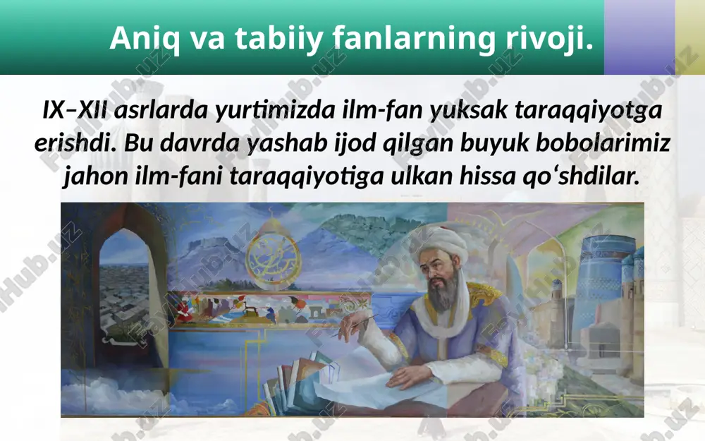 benihoya katta ahamiyatga ega bo‘lgan. abu ali ibn sino. o‘z zamonasida shayx ur-rais, ya’ni «olimlar raisi», deb ulug‘langan buyuk alloma abu ali ibn sino 980-yilda buxoro shahri yaqinidagi afshona qishlog‘ida tug‘ildi. abu ali ibn sino ibn sino o‘z davrining barcha bilimlarini puxta egalladi. ibn sino dunyoga, avvalo, buyuk tibbiyot allomasi bo‘lib tanildi. uning tibbiyotga oid mashhur asari «tib qonunlari» deb ataladi. «tib qonunlari» xvii asrgacha yevropa mamlakatlari universitetlarida darslik sifatida xizmat qildi. ibn sinoning nomi yer yuzida hamon mashhurligicha qolmoqda. image1.jpeg image3.jpeg image4.jpeg image5.jpeg image6.jpeg image7.jpeg image8.emf image9.jpeg image10.jpeg image11.jpeg image12.jpeg image13.jpeg image14.jpeg image15.jpeg image16.jpeg image17.jpeg image2.jpeg
