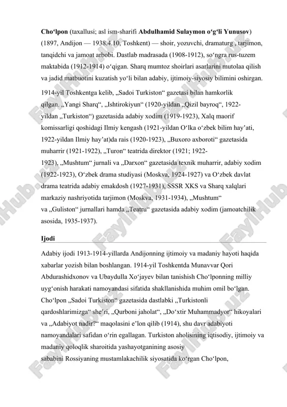 ashayotganining asosiy sababini rossiyaning mustamlakachilik siyosatida koʻrgan choʻlpon, boshqa jadidlar qatori, oʻz asarlari bilan xalqning madaniy va maʼrifiy saviyasini koʻtarishga kirishgan. 1917-yil fevral inqilobining roʻy berishi taraqqiyparvar ziyolilar dunyoqarashini oʻzgartirib yubordi. ular, shu jumladan, choʻlpon mustaqillik uchun kurash endi targʻibiy-tashviqiy davridan amaliy faoliyat bosqichiga oʻtganini angladilar. choʻlpon turkiston muxtoriyati hukumatining barpo etilishida faol ishtirok etib, muxtoriyatni sharaflovchi „ozod turk bayrami“ sheʼrini yozdi va bu sheʼr oʻzbek davlatchiligi tarixida ilk madhiya boʻldi. shu davrda turkistondagi koʻp millatli ziyolilar oʻrtasida federalizm gʻoyasi keng tarqalgani sababli choʻlpon ayni paytda z.validiy bilan birga orenburgga borib, boshqirdiston muxtoriyat hukumatining tashkil etilishida ham ishtirok etdi. federalistlarning fikrlariga koʻra, turkiston va volga boʻyidagi turkiy xalqlar oʻz muxtoriyat hukumatlarini barpo etganlaridagina bu xukumatlarning bolsheviklar tomonidan tan olinishi va birgalikda himoyalanishi mumkin edi. muxtoriyat tugatilgach, choʻlpon „ilmiy kengash“, „chigʻatoy gurungi“, „nashri maorif“ tashkilotlari va „turon“ teatrida adabiy, ilmiy-maʼrifiy ishlar bilan mashgʻul boʻldi. ayni paytda shoʻro davlatining mustamlakachilik siyosati oqibatlarini …