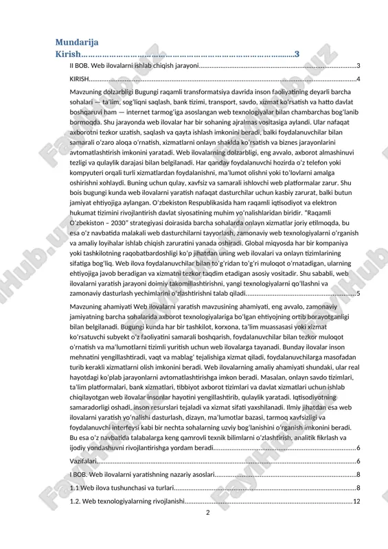 a, php, python, node.js yoki boshqa backend tillari serverdagi amallarni bajarish uchun qo‘llaniladi. ma’lumotlar bazasi (mysql, postgresql, mongodb va boshqalar) esa tizimdagi barcha ma’lumotlarni saqlash va boshqarish vazifasini bajaradi. bugungi kunda web ilovalarni ishlab chiqishda zamonaviy framework va kutubxonalar — masalan, react, angular, vue.js (frontend uchun), django, laravel yoki express.js (backend uchun) keng qo‘llanilmoqda. ular dasturchilarga tez, qulay va xavfsiz web loyihalar yaratish imkonini beradi. shu bilan birga, web ilovalarning sifatli ishlashi, ma’lumotlar xavfsizligi, tarmoq orqali uzatilayotgan axborotning himoyalanganligi ham muhim ahamiyat kasb etadi. mavzuning dolzarbligi bugungi raqamli transformatsiya davrida inson faoliyatining deyarli barcha sohalari — ta’lim, sog‘liqni saqlash, bank tizimi, transport, savdo, xizmat ko‘rsatish va hatto davlat boshqaruvi ham — internet tarmog‘iga asoslangan web texnologiyalar bilan chambarchas bog‘lanib bormoqda. shu jarayonda web ilovalar har bir sohaning ajralmas vositasiga aylandi. ular nafaqat axborotni tezkor uzatish, saqlash va qayta ishlash imkonini beradi, balki foydalanuvchilar bilan samarali o‘zaro aloqa o‘rnatish, xizmatlarni onlayn …