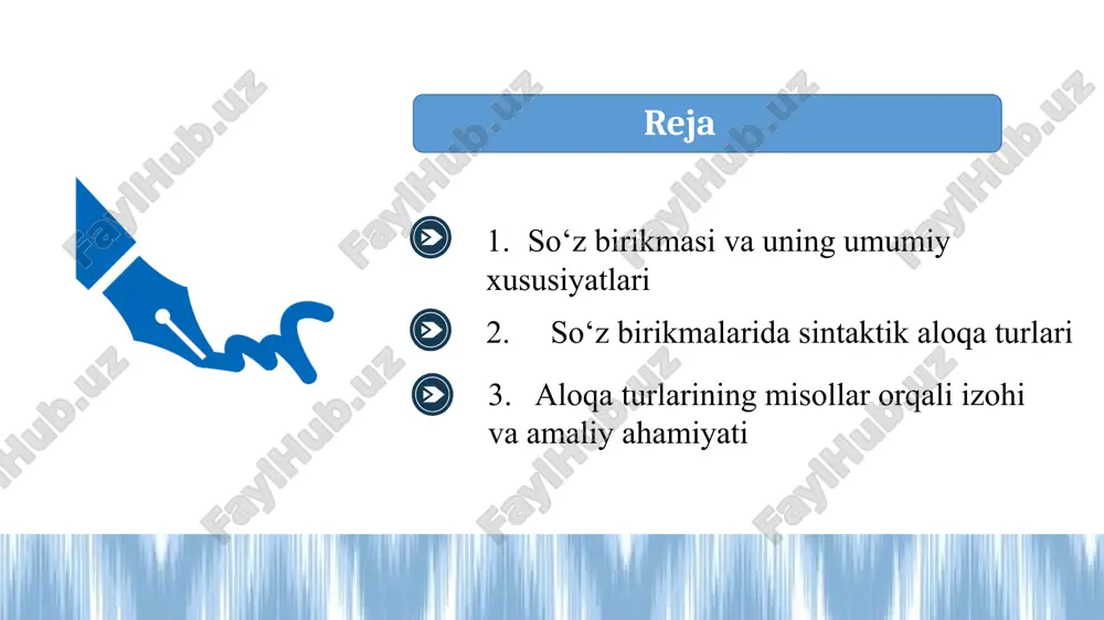 nutqni to‘g‘ri shakllantirish uchun zarur. moslashuvli aloqa moslashuvli aloqa – hokim va tobe so‘zlarning grammatik shakllar jihatidan moslashuvi orqali bog‘lanishidir. bu turdagi aloqada tobe so‘z hokim so‘zga mos ravishda o‘z shaklini o‘zgartiradi. masalan: “katta uy”, “yangi kitoblar”, “chiroyli bog‘lar”. bunda sifat yoki son so‘zlari ot bilan son, jins va ko‘plikda moslashadi. moslashuvli aloqa asosan sifatlovchi birikmalarda uchraydi. boshqaruvli aloqa boshqaruvli aloqada hokim so‘z tobe so‘zning ma’nosini boshqaradi va uni ma’lum qo‘shimcha bilan bog‘laydi. masalan: “kitobni o‘qimoq”, “do‘stiga ishonmoq”, “darsda qatnashmoq”. bu holatda tobe so‘z hokim so‘z talab qilgan kelishik qo‘shimchasini oladi. boshqaruvli aloqa fe’llar bilan ko‘p uchraydi va harakatning yo‘nalishi yoki obyekti aniqlanadi. bitishuvli aloqa bitishuvli aloqa – so‘zlar orasida hech qanday qo‘shimcha yoki yordamchi so‘zsiz, faqat ma’no va tartib orqali bog‘lanishidir. masalan: “tez yurmoq”, “chuqur o‘ylamoq”, “kecha kelmoq”. bu turdagi aloqada tobe so‘z hokim so‘zga yaqin joylashadi va ma’no jihatidan bog‘lanadi. bitishuvli aloqa asosan ravish va fe’l o‘rtasida yuz …