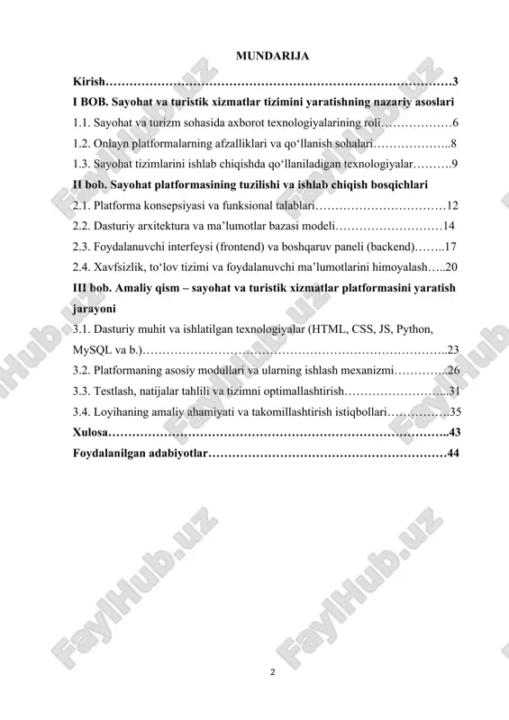 yagona tizimda tanlov qilish imkonini beradi. frontend (foydalanuvchi interfeysi), backend (boshqaruv qismi), ma’lumotlar bazasi, xavfsizlik tizimi va to‘lov mexanizmlarini ishlab chiqish bosqichlari ko‘rib chiqiladi. tizimning ishlash samaradorligini oshirish, foydalanuvchi tajribasini yaxshilash va texnik jihatdan optimallashtirish yo‘nalishlariga ham alohida e’tibor qaratiladi. o‘zbekiston va jahon miqyosida turizm sohasida raqamlashtirish jarayonlari jadallashib borayotgan bir paytda, mahalliy sharoitga mos, foydalanuvchi uchun qulay va ishonchli onlayn platforma yaratish nafaqat soha rivojiga, balki mamlakat iqtisodiyotiga ham ijobiy ta’sir ko‘rsatadi. mavzuning dolzarbligi bugungi kunda turizm sohasida raqamli texnologiyalardan foydalanish darajasi keskin oshib bormoqda. insonlar sayohatlarni rejalashtirish, yo‘nalishlar tanlash, mehmonxona va transport xizmatlarini bron qilishda an’anaviy usullardan voz kechib, onlayn platformalarga murojaat qilmoqda. shu bois, sayohat va turistik xizmatlarni yagona tizim orqali boshqarish imkonini beruvchi platformani yaratish hozirgi davrda dolzarb masalalardan biri hisoblanadi. o‘zbekiston hamda butun dunyo miqyosida turizm iqtisodiyotning muhim tarmoqlaridan biri sanaladi. ammo mamlakatimizda turistik xizmatlarni raqamlashtirish, birlashtirilgan onlayn tizim orqali taqdim etish hali to‘liq yo‘lga …