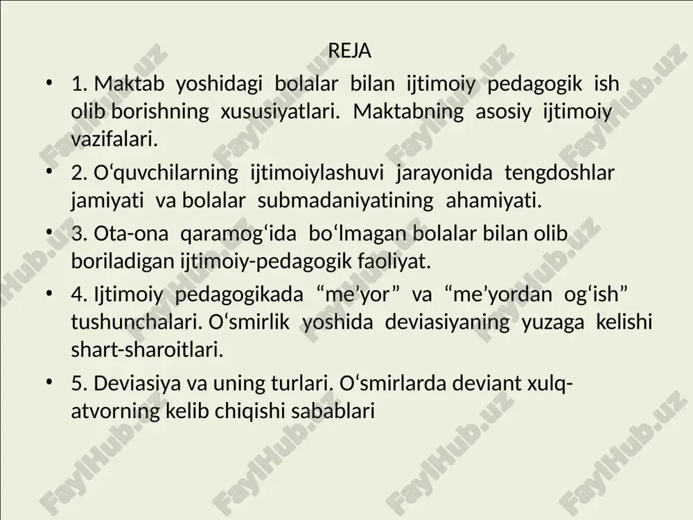 siqlar qo’yish uni to’g’irlash yoki qayta tarbiyalashga urinib ko’rmasdan cheklash deviantni butkul cheklash qilmasdan ,boshqa odam bilan alaoqalarini cheklab turish ,deviant xulqini to’g’rilash va jamiyatga qaytarish. ajratib qo’yish deviantlar normal xayot va jamiyatdagi ijtimoiy rollarni to’g’ri bajarishga kirishaydigan jarayon. reabilitatsiya tarbiyasi og'ir bola oila maxalla maktab sinf jamoasi iib profilaktiak inspektori psixolog sinf raxbari to’garak raxbari mmibdo’ ota onalar qo’mitasi bola shaxsini ,uning rivojlanish imkoniyatlarini jamiyatdagi o’zaro munosabatlarini o’rganish chora –tadbirlari tizimi ijtimoiy muxim ko’nikmalarni o’rganish ; ma’lumot berish shaxsning kognitiv jarayonlariga uning konstruktiv qarorlari qabul qilish qobilyatlarini oshirish maqsadida ta’sir. shaxsiy resurslani faollashtirish bolaning agressiv xulq korreksiyasi shaxsiy xavotirlanish darajasini pasytirish shaxsiy xis kechinmalari va boshqalar tuyg’ularini anglashni shaklantirish o’ziga nisbatan ijobiy baxoni shakllantirish bolaga o’z jaxlini o’zi va atrofdagilar uchun xavfsiz bo’lgan usulda salbiy xolatlarga to’g;ri o’rgatish bolaga jaxlini jilovlash usullarini o’rgatish destruktiv hissiyotlarini nazorat qilishini rivojlantirish bolaga muommoli vaziaytatlarida konstruktiv xulq –atvor reaksiyalarini o’rganish. xulqdagi destruktiv elementlarni …