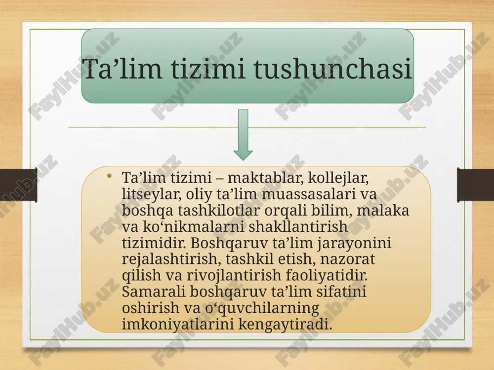 ovatsion boshqaruv yondashuvlari . raqamlashtirish – elektron ta’lim platformalari, onlayn darslar va masofaviy o‘qitish ta’lim jarayonini avtomatlashtirish – baholash, nazorat va hisobotlarni tezkor amalga oshirish. innovatsiyalar – o‘quv jarayonini qiziqarli va samarali qiladi. kadrlar tayyorlash va malaka oshirish o‘qituvchilar va professor-o‘qituvchilarning malakasini oshirish tizimi mavjud. ta’lim markazlari va kurslar orqali pedagoglar yangi metod va texnologiyalarni o‘rganadi. sifatli kadrlar – ta’lim sifatini bevosita oshiradi. moliyalashtirish tizimi davlat byudjeti orqali maktablar, kollejlar va oliy ta’lim muassasalari moliyalashtiriladi. stipendiyalar, grantlar va loyihalar orqali ta’limdagi teng imkoniyatlar ta’minlanadi. samarali moliyalashtirish – ta’lim infratuzilmasini rivojlantirish va sifatni oshirish kafolati. ta’limga davlat nazorati davlat inspeksiyalari va nazorat organlari ta’lim sifatini baholaydi. standartlarga rioya qilinishi, darsliklar sifati va o‘qituvchilar malakasi nazorat qilinadi. nazorat tizimdagi kamchiliklarni vaqtida aniqlash va tuzatishga xizmat qiladi. ta’lim tizimida jamoatchilik ishtiroki ota-onalar kengashi va jamoat nazorati muassasalarning samarali ishlashini ta’minlaydi. nodavlat tashkilotlar va ijtimoiy hamkorlik ta’lim sifatini oshirishga yordam beradi. jamoatchilik ishtiroki – …