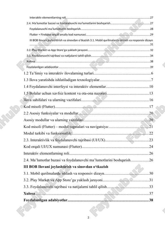 h; · raqamli texnologiyalardan foydalanish orqali ta’lim va tarbiya jarayonini interaktiv qilish; · ota-onalarga farzandini nazorat qilish va xavfsiz onlayn muhit yaratish imkonini berish; · mobil va planshet qurilmalarda ishlaydigan samarali va qulay ilova yaratish. ilovaning maqsadi va vazifalari aniqlangan: bolalar uchun foydali va qiziqarli resurslar yaratish, ota-onalar uchun boshqaruv va nazorat funksiyasini ta’minlash, ilovaning intuitiv va interaktiv foydalanuvchi interfeysini ishlab chiqish, mobil qurilmalarda ishlashini ta’minlash va sinov natijalarini tahlil qilish. bolalar va oilalar uchun mo‘ljallangan resurslar, predmeti esa – ilovaning funksionalligi, interaktivligi va foydalanuvchi interfeysini yaratish jarayoni hisoblanadi. shu asosda ish davomida ilova yaratish nazariy va amaliy jihatlari o‘rganilib, uni loyihalash, dasturlash, sinovdan o‘tkazish va joylashtirish bosqichlari batafsil yoritiladi. kurs ishining ahamiyati oila va bolalar uchun resurslar ilovasining ahamiyati bugungi zamon talablariga juda mos keladi, chunki u nafaqat bolalarning bilim olish va tarbiyaviy rivojlanishiga, balki ota-onalarning farzandlarini nazorat qilish va ularni qo‘llab-quvvatlash imkoniyatlariga ham xizmat qiladi. zamonaviy hayotda mobil …