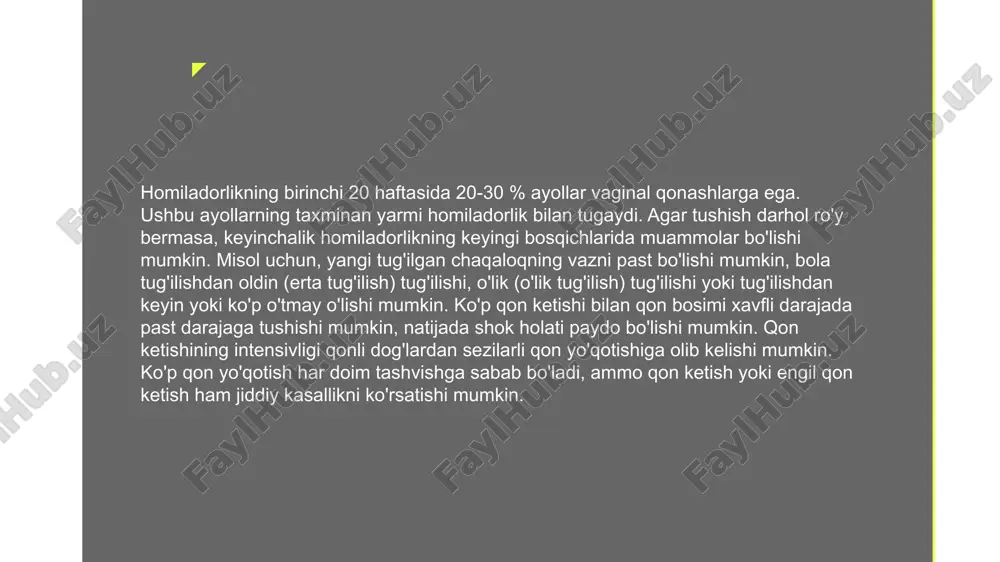 hi mumkin. ovulyatsiyadan so'ng, tuxumni (sariq tanani) chiqaradigan struktura suyuqlik yoki qon bilan to'ldirilishi va odatdagidek yo'q bo'lib ketishi mumkin. agar ektopik homiladorlik yoki sariq tananing kisti yirtilgan bo'lsa, ko'p qon ketishi ochilishi mumkin, bu shok holatiga olib keladi ◤ davolash shifokorlar birinchi navbatda ushbu ektopik homiladorlikning sababi ekanligini aniqlaydilar. ogohlantiruvchi belgilar homiladorlikning dastlabki bosqichlarida vaginal qon ketishi bo’lgan homilador ayollarda tashvishga sabab quyidagilar: hushidan ketish, bosh aylanishi yoki tez yurak urishi-juda past qon bosimini ko’rsatadigan alomatlar to’qima yoki katta quyqalar o’z ichiga olgan qon yoki qon katta miqdorda yo’qotish qorin bo’shlig’idagi qattiq og’riq, bu harakat yoki pozitsiyani o’zgartirish orqali kuchayadi qon bilan yiringni o’z ichiga olgan isitma, titroq va vaginal oqindi ◤ shifokorga qachon murojaat qilish kerak qo’rqinchli belgilarga ega bo’lgan ayollar darhol shifokor bilan maslahatlashishi kerak. ogohlantiruvchi belgilarga ega bo’lmagan ayollar 48-72 soat davomida shifokor bilan maslahatlashishi kerak. shifokor nima qiladi shifokor semptomlar va tibbiy tarix haqida so’raydi …