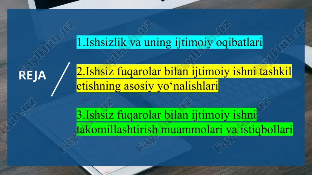 hi bilan tavsiflanadi. ishsizlikning jamiyat va oila hayotiga ta’siri. ishsizlik nafaqat iqtisodiy, balki ijtimoiy-psixologik muammolarni ham keltirib chiqaradi. ishsiz fuqaro o‘zini jamiyatda keraksiz his qilishi, depressiya, stress, ijtimoiy izolyatsiyaga tushishi mumkin. bu holat oilaviy munosabatlarga salbiy ta’sir etib, iqtisodiy qiyinchiliklar, nizolar, hatto ajralishlar sonining ortishiga sabab bo‘ladi. ishsizlik darajasi yuqori bo‘lgan jamiyatlarda jinoyatchilik, spirtli ichimliklarga ruju qo‘yish, ijtimoiy beqarorlik kabi holatlar kuchayadi. shu sababli, ishsizlikka qarshi kurashish — davlatning ijtimoiy siyosatidagi ustuvor yo‘nalishlardan biri hisoblanadi. davlat tomonidan olib borilayotgan ijtimoiy siyosat. ishsizlikni kamaytirish va aholining ijtimoiy himoyasini ta’minlash maqsadida o‘zbekiston respublikasida kompleks ijtimoiy siyosat amalga oshirilmoqda. bu siyosatning asosiy yo‘nalishlari — mehnat bozorini barqarorlashtirish, yangi ish o‘rinlari yaratish, aholini bandlik dasturlari bilan qamrab olish, hamda ijtimoiy zaif qatlamlarga moddiy va psixologik yordam ko‘rsatishdan iborat. prezident farmonlari va hukumat qarorlari asosida ishsiz fuqarolarni qo‘llab-quvvatlash, ularni kasbiy tayyorlash va tadbirkorlik faoliyatiga jalb etish bo‘yicha davlat dasturlari ishlab chiqilgan. ish bilan ta’minlash markazlari …