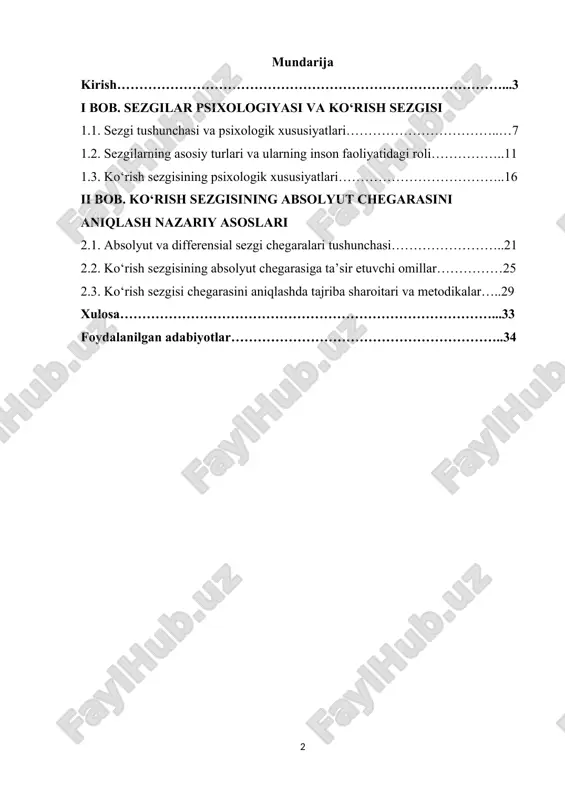 larni amaliyotda qo‘llash imkonini beradi. bu jarayon shuningdek, inson sezgi organlarining individual xususiyatlarini aniqlash, yosh, sog‘lik holati va boshqa omillarning sezgi qobiliyatiga ta’sirini o‘rganishda ham qo‘llaniladi. ko‘rish sezgisining absolyut chegarasini aniqlash va natijalarni psixologik jihatdan tahlil qilishdan iborat. [0: abdullaeva, n. sezgi va idrok psixologiyasi. samarqand samarqand davlat universiteti nashriyoti, 2019.] mavzuning dolzarbligi ko‘rish sezgisi insonning atrof-muhit bilan samarali bog‘lanishida asosiy rol o‘ynaydi. hozirgi davrda inson faoliyati tobora murakkablashib borayotgani, turli texnologik va kasbiy jarayonlarda vizual ma’lumotlarga bo‘lgan ehtiyoj ortib borayotgani sababli ko‘rish sezgisining xususiyatlarini chuqur o‘rganish dolzarb ahamiyat kasb etadi. sezgi chegaralarini, xususan, ko‘rish sezgisining absolyut chegarasini aniqlash insonning individual vizual qobiliyatlarini aniqlash, ishlash va o‘qish sharoitlarini optimallashtirish, xavfsizlikni ta’minlash uchun zarurdir. ko‘rish sezgisining absolyut chegarasini aniqlash psixologiyada sezgi organlari bilan bog‘liq kasalliklarni, yoshga bog‘liq o‘zgarishlarni va tashqi sharoitlarning inson qobiliyatiga ta’sirini o‘rganish imkonini beradi. ilmiy tadqiqotlar shuni ko‘rsatadiki, har bir insonning vizual sezgi qobiliyati individual xususiyatlarga ega bo‘lib, …