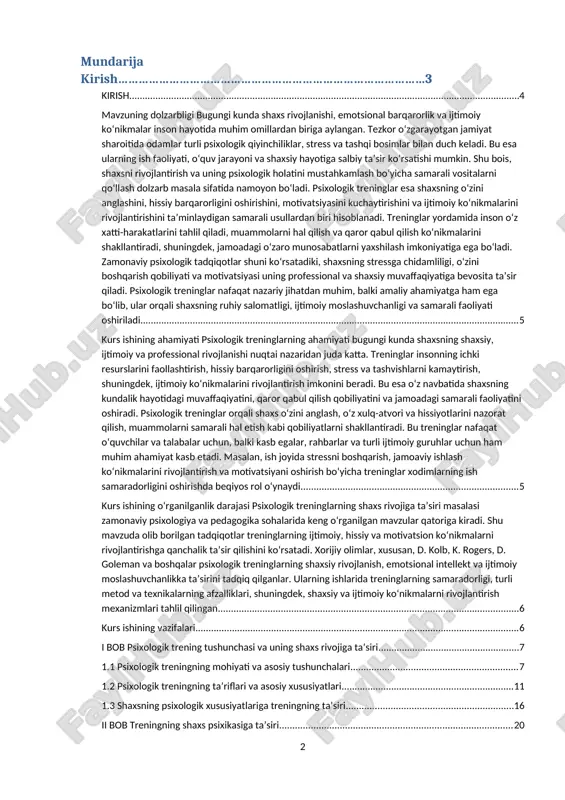 ologik treninglardan foydalanib o‘z shaxsiy va professional rivojlanishlarini tezlashtirishga intilmoqdalar. shu bilan birga, treninglarning samaradorligini baholash, individual xususiyatlarga moslashish va ehtiyotkorlik talab qiladigan salbiy ta’sirlarni kamaytirish masalalari ilmiy tadqiqotlar uchun muhim ahamiyatga ega. [0: abdukarimov, sh. psixologiya asoslari. toshkent o‘zbekiston respublikasi oliy va o‘rta maxsus ta’lim vazirligi, 2018.] mavzuning dolzarbligi bugungi kunda shaxs rivojlanishi, emotsional barqarorlik va ijtimoiy ko‘nikmalar inson hayotida muhim omillardan biriga aylangan. tezkor o‘zgarayotgan jamiyat sharoitida odamlar turli psixologik qiyinchiliklar, stress va tashqi bosimlar bilan duch keladi. bu esa ularning ish faoliyati, o‘quv jarayoni va shaxsiy hayotiga salbiy ta’sir ko‘rsatishi mumkin. shu bois, shaxsni rivojlantirish va uning psixologik holatini mustahkamlash bo‘yicha samarali vositalarni qo‘llash dolzarb masala sifatida namoyon bo‘ladi. psixologik treninglar esa shaxsning o‘zini anglashini, hissiy barqarorligini oshirishini, motivatsiyasini kuchaytirishini va ijtimoiy ko‘nikmalarini rivojlantirishini ta’minlaydigan samarali usullardan biri hisoblanadi. treninglar yordamida inson o‘z xatti-harakatlarini tahlil qiladi, muammolarni hal qilish va qaror qabul qilish ko‘nikmalarini shakllantiradi, shuningdek, jamoadagi …