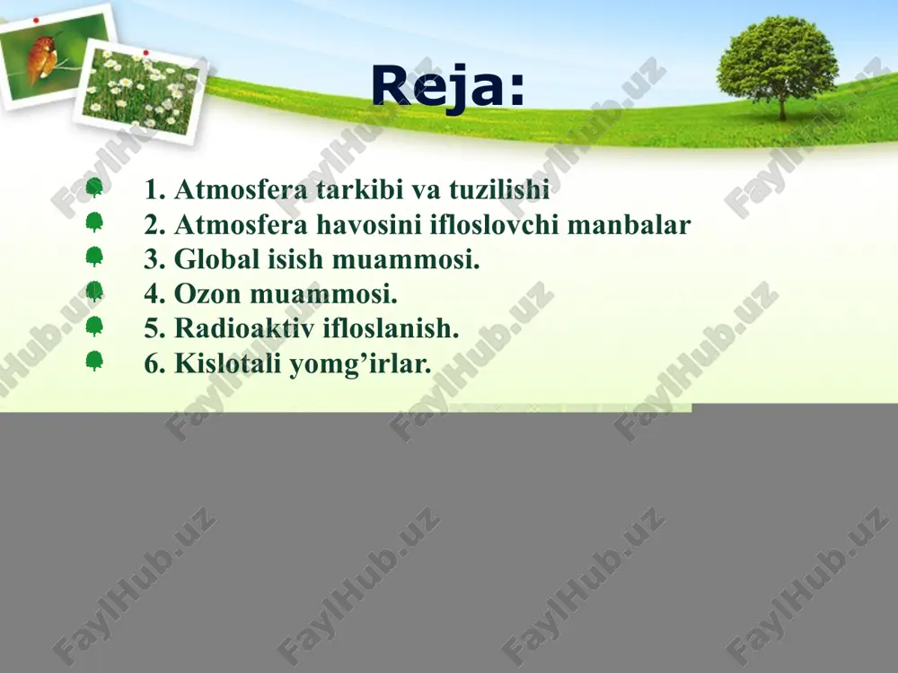k va hayvonlarning qoldiqlari dengiz suvining mavjlanishidan havoga chiqqan tuz zarrachalari ishtirok etadi. xx asr oxirlariga kelib, atmosfera ifloslanishining 75%ini tabiiy ifloslanish tashkil etdi. qolgan 25%i inson faoliyati natijasida ro’y berdi. atmosferaning sun’iy ifloslanishi radioaktiv, magnit, shovqin, dispers va gazsimon, shuningdek, sanoat tarmoqlari va texnologik jarayonlar bo’yicha ajratiladi. atmosferada ma’lum miqdorda changlar uchraydi. changlarning uch turi ajratiladi: mineral, organik, kosmik. mineral changlar tog’ jinslarining yemirilishi, vulqonlar otilishi, o’rmon yong’inlari, dengizlar yuzasidan suvlarning bug’lanishi kabilar tufayli kelib chiqadi. organik changlar havo qatlamidagi aeroplanktonlar shuningdek, o’simlik va hayvonlarning qoldiqlar va parchalanish mahsulotlaridir. atmosferaning sun’iy ifloslanishida avtomobil transporti birinchi (40 %), energetika sanoati (20 %) ikkinchi, sanoatning boshqa tarmoqlari uchinchi o’rinni (14 %) egallaydi. qishloq xo’jaligi ishlab chiqarishi, maishiy kommunal xo’jaligi va boshqalar hissasiga esa sun’iy ifloslanishning 26%i to’g’ri keladi. ifloslovchi moddalar 1.chang (tutunning qattiq zarrachalari va sanoat changi) 2. uglerod oksidi 3. uchuvchan uglevodorodlar va boshqa organik moddalar 4. oltingugurt oksidi 5. …