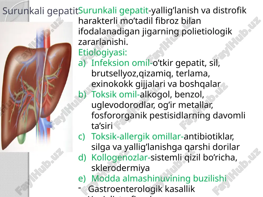 to’silishi (xolestaz) natijasida rivojlanadi va jigarning billiar sirrozi bilan yakunlanadi.klinik ko’rinishi terida va milklarda gemorragiya belgilari qichishish sarg’ayish harorat ko’tarilishi palmar eritemasi artralgiya davosi jigar hujayralarida modda almashinuvini yaxshilovchi dorilar (gepatoprotektorlar)b1, b6, b12, c vitaminlari, lipoid kislotasi, essensial forte, apkosul nekrozni to’xtatish, regeneratsiyani kuchaytirish maqsadida (glyutamin kislotasi), oqsil gidrolizatlari (aminopeptid, albumin) yallig’lanishga qarshi va immun tizimi faoliyatini yaxshilash uchun: glyukokortikoidlar (prednizalon, triamsinolon) aminoxolin hosilalari (delagil, plekvalin) jigar sirrozi biriktiruvchi to’qimaning diffuzli o’sib ko’payishi, jigar shakli arxitektonikasi va qon tomirlarning chuqur o’zgarishi, jigar faoliyati yetishmovchiligining ortishi va portal gipertenziyasi bilan ifodalanadigan surunkali jadallashuvchi kasallik. etiologiyasi: virusli gepatitning b,c, d turi surunkali faol gepatit surunkali alkogol intoksikatsiyasi alimentar omil-oqsil va vitaminlar taqchilligi parazitlar va gijjalar gepatoksik moddalar( margumush va fosfor birikmalari, pestisidlar, geliatrinlar) dori-darmonlarga sezuvchanlikning ortishi-toksik allergik gepatit o’t tutilishi (staz) tasnifi butunjahon sog’liqni saqlash uyushmasi jigar sirrozining jigardagi morfologik o’zgarishlarga asoslangan tasnifini taklif etgan turlari mayda tugunli- mikronodulli (portal) jigar sirrozi. …