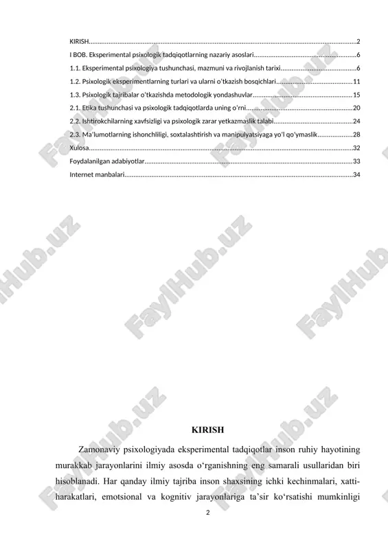 tibga soladi. bugungi kunda o‘zbekiston psixologiya sohasi ham bosqichma-bosqich xalqaro etik tajribalarga yaqinlashmoqda. psixologik tadqiqotlarda ishtirok etuvchi shaxslarning ruhiy holatini himoya qilish, ma’lumotlarni sir saqlash, bolalar va zaif guruhlar bilan ishlashda mas’uliyatni oshirish dolzarb masalaga aylangan. shu nuqtai nazardan, eksperimental psixologik tekshirishlarda etikaviy tamoyillarni o‘rganish, ularning mohiyati va amaliy qo‘llanilishini tahlil etish ilmiy hamda amaliy jihatdan muhim ahamiyatga ega. [0: yo‘ldoshev, m. psixologik tadqiqot metodlari. – toshkent yangi asr avlodi, 2020.] mavzuning dolzarbligi bugungi globallashuv va axborot asrida inson ruhiy dunyosini chuqur o‘rganishga bo‘lgan ehtiyoj keskin ortib bormoqda. psixologik tadqiqotlar, ayniqsa eksperimental yo‘nalishdagi izlanishlar, insonning bilish, emotsional, ijtimoiy va xulqiy xususiyatlarini aniq o‘lchashga imkon beradi. shu bilan birga, bunday tajribalar inson shaxsiga bevosita ta’sir ko‘rsatgani sababli, ularni o‘tkazishda qat’iy etik tamoyillarga amal qilish bugungi kunda muhim ijtimoiy va ilmiy talabga aylangan. dunyo miqyosida psixologik eksperimentlar bilan bog‘liq bir qator bahsli holatlar va etik buzilishlar — masalan, ishtirokchilarning roziligisiz tadqiqot o‘tkazish, …