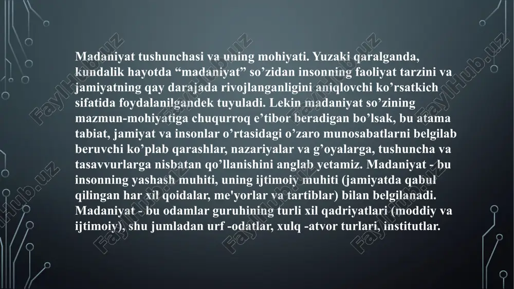 bo‘lishi bilan bir vaqtda, ya’ni oddiy tosh qurollardan foydalanib ov qilish, o‘lja va mevalarni terib iste’mol qilish, ilk dehqonchilik bilan shug‘uilangan va ilk shahar madaniyatini vujudga keltirgan davrlardayoq paydo bo’lmagan. madaniyat tushunchasi dastlab atama sifatida vujudga kelgani bilan hali jamiyatning moddiy va ijtimoiy hayotini, odamning ongli mayjudot sifatidagi insoniylik qiyofasini anglatmas edi. inson bunyodkorlik faoliyatining jamiyat taraqqiyotidagi o‘rnini anglab yetish, inson qiyofasini shakllantirish, ya’ni uning ongi va tafakkuriga ta’sir etish orqali jamiyat manfaatlariga mos keladigan insonni shakllantirish zaruriyati paydo bo’lgan davrlarga kelib «madaniyat» va «kultura» atamalarining mazmun-mohiyati o‘zgaradi. madaniyat va jamiyat inson - ijtimoiy mavjudot. u doimo odamlar bilan muloqotda bo'ladi. agar siz uni boshqalar bilan munosabatlar nuqtai nazaridan ko'rib chiqsangiz, odamni yaxshiroq tushunishingiz mumkin. shu nuqtai nazardan, madaniyatning quyidagi turlari mavjud: shaxsiyat madaniyati; jamoaviy madaniyat; jamiyat madaniyati. nutq madaniyati odamlar bir -biri bilan muloqot qila olishlari uchun nutq madaniyatiga ega bo'lishlari kerak. bu holda ular o'rtasida hech qachon o'zaro …