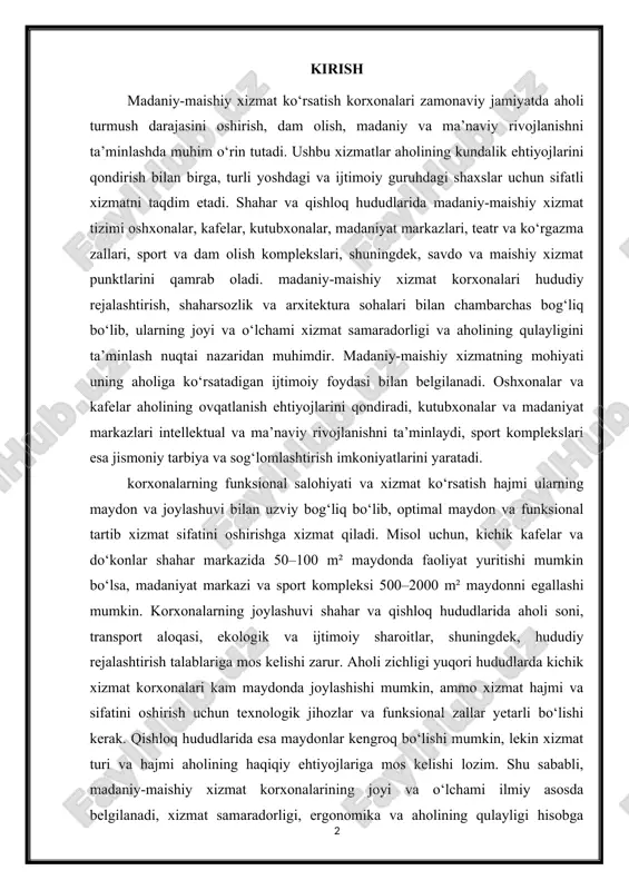 hududiy rejalashtirish talablariga mos kelishi zarur. aholi zichligi yuqori hududlarda kichik xizmat korxonalari kam maydonda joylashishi mumkin, ammo xizmat hajmi va sifatini oshirish uchun texnologik jihozlar va funksional zallar yetarli bo‘lishi kerak. qishloq hududlarida esa maydonlar kengroq bo‘lishi mumkin, lekin xizmat turi va hajmi aholining haqiqiy ehtiyojlariga mos kelishi lozim. shu sababli, madaniy-maishiy xizmat korxonalarining joyi va o‘lchami ilmiy asosda belgilanadi, xizmat samaradorligi, ergonomika va aholining qulayligi hisobga olinadi. madaniy-maishiy xizmat ko‘rsatish tizimi nafaqat ijtimoiy va madaniy, balki iqtisodiy ahamiyatga ham ega. u ish o‘rinlarini yaratadi, mahalliy ishlab chiqaruvchilarni qo‘llab-quvvatlaydi, turizm va xizmatlar sohasini rivojlantiradi. shu bilan birga, korxonalarning joylashuvi va maydonini belgilash normativ-huquqiy hujjatlar bilan tartibga solinadi. o‘zbekiston respublikasining “shaharsozlik faoliyati to‘g‘risida”gi qonuni, madaniy-maishiy xizmat ko‘rsatish korxonalari uchun standartlar va me’yoriy hujjatlar xizmat korxonalari joylashuvi va o‘lchamlarini aniqlashda asos bo‘lib xizmat qiladi. xalqaro tajribalar esa xizmat ko‘rsatish korxonalarining joylashuvi, o‘lchami va funksional imkoniyatlarini aholi qulayligi, xavfsizlik va ergonomika nuqtai …