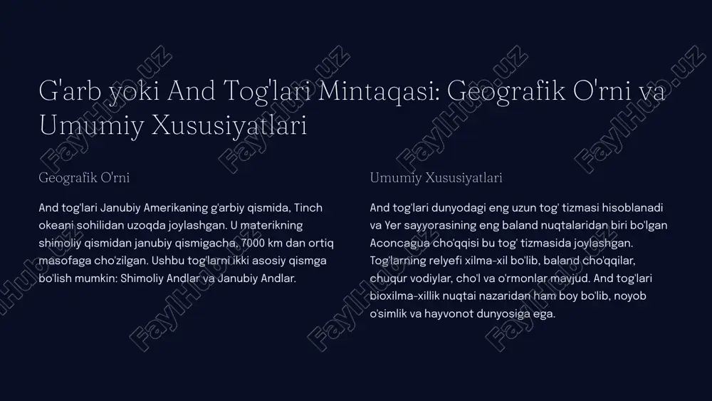 avjud. o'rmonlarda turli xil o'simlik va hayvon turlari uchraydi, jumladan qush turlari, maymunlar, jonzotlar va boshqalar. 3 iqlim va ob-havo: o'zgaruvchan ob-havo, tropik, subtropik va mo'tadil iqlim zonalari 1 tropik iqlim and tog'larining shimoliy qismi tropik iqlimga ega bo'lib, yil davomida yuqori harorat va yomg'ir miqdori bilan tavsiflanadi. ushbu hududlar o'rmonlar bilan qoplangan. 2 subtropik iqlim and tog'larining o'rta qismida subtropik iqlim hukm surar, yoz davomida issiq va quruq, qish davomida esa sovuq va yomg'irli bo'ladi. 3 mo'tadil iqlim and tog'larining janubiy qismi mo'tadil iqlimga ega bo'lib, to'rt fasl aniq ifodalanadi. qish davomida qor yog'adi, yoz esa iliq va yomg'irli bo'ladi. ushbu hududlar o'rmonlar, cho'llar va tundralar bilan qoplangan. 4 gidrologiya: daryolar, ko'llar va daryo rejimi daryolar ko'llar and tog'lari ko'plab daryolarni boqadi, jumladan amazon, orinoko, parana, va boshqalar. ushbu daryolar qishloq xo'jaligi, transport va gidroenergetika uchun muhim ahamiyatga ega. and tog'larida ko'plab tog' ko'llari mavjud, jumladan titicaca ko'li, dunyodagi …
