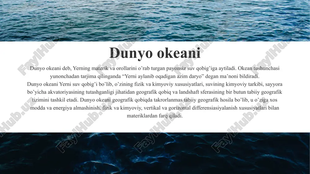 a dengiz botiqlari, orollar yoyi va chuqur suv osti cho’kmalariga bo’linadi. okean lojesi okean botiqlaridan va okean ko’tarilmalaridan tashkil topgan. o’rtalik okean tizmalari riftli va tomonli zonalarga bo’linadi. okean osti yer po’stining materik tipi okean tipiga nisbatan keng tarqalgan va o’rtacha qalinligi 35 km ni tashkil etadi. uning yuqori qatlami cho’kindi jinslardan, quyi qismi granitli va bazaltli qatlamlardan iborat. okean lojesi ostidagi yer po’sti okeanik po’st deb atalib, uning qalinligi taxminan 7 km ga teng. okean yer po’stining yuqori 1 km qalinlikdagi qismi cho’kindi qatlamdan, undan pastda qalinligi 1 km atrofida bo’lgan zichroq jinsli ikkinchi qatlamdan va eng pastda qalinligi 5 km ga teng bo’lgan bazalt qatlamidan tuzilgan. 20gg 4 hind okeanı - kattaligi jihatidan dunyodagi uchinchi yirik okeandir. yer maydonining taxminan 20% egallagan. gʻarbdan afrika va arabiston yarimoroli, shimoldan osiyo, sharqdan esa hindiston yarimoroli, zond orollari va avstraliya bilan oʻralgan. yuzasi qırmızı dengiz va fors koʻrfazi bilan birga 73,556,000 …