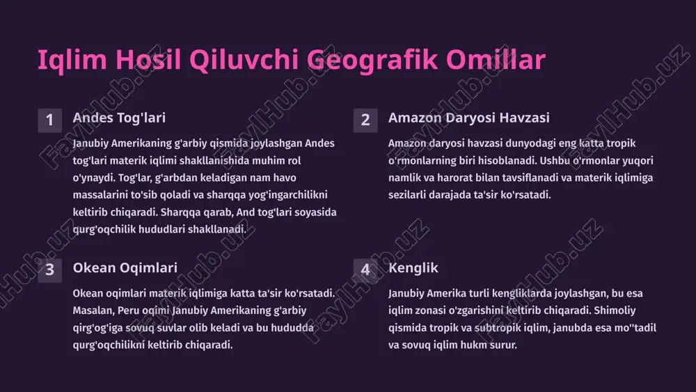 likning miqdori va tarqalishi materik iqlimining xilma-xilligiga sabab bo'ladi. tropik zonalarda yomg'ir yiliga 2000 mm dan ortiq yog'adi, cho'l hududlarida esa yiliga 100 mm dan kam yog'adi. 3 materikning shimoliy va janubiy qismlari iqlimining tavsifi hudud iqlim xususiyatlar shimoliy qism tropik iqlim yiliga 2000 mm dan ortiq yog'ingarchilik. yil bo'yi yuqori harorat. tropik o'rmonlarning keng tarqalishi. janubiy qism mo''tadil iqlim yog'ingarchilik miqdori shimoliy qismga nisbatan kamroq. harorat mavsumiy ravishda o'zgaradi. yaylovlar, o'rmonlar va cho'llarning keng tarqalishi. 4 tropik zonanning iqlimi va unga ta'sir etushchi omillar yuqori harorat tropik zonalarda yil bo'yi yuqori harorat hukm surur. o'rtacha oylik harorat 20°c dan pastga tushmaydi. namlik tropik zonalarda namlik juda yuqori. yog'ingarchilik ko'p va yiliga 2000 mm dan ortiq bo'ladi. bu namlik tropik o'rmonlarning o'sishi uchun qulay sharoit yaratadi. pasat shamol pasat shamollari tropik zonalarda yomg'ir keltirib chiqaradi. shamol nam havo massalarini materikning ichki qismiga olib keladi va yog'ingarchilikka olib keladi. amazon daryosi …