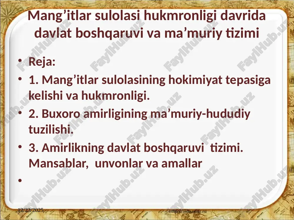 o'plab beradi. buxoro xonligi aholisidan 10 ming nafarli qo'shin to'planib nodirshoh ixtiyoriga jo'natiladi. bu qo'shinga muhammad hakimbiyning o'g'li muhammad rahim qo'mondon etib tayinlandi. shu tariqa buxoro eronga qaram davlatga aylandi. muhammad rahimbiy buxoroda ashtarxoniylar sulolasi hukmronligi davrida o'zbek qabilalaridan mang'itlar va qo'ng'irotlarning nufuzi baland edi. bu ikki qabila haqiqiy hokimiyat ashtarxoniylar qo'lida bo'lib turgan davrlarda ularga sadoqat bilan xizmat qilgan edilar. muhammad rahimbiy mang'it hukmdori muhammad rahimxon (1756-1758) mamlakatda o'zining mutlaq hukmdorligini o'rnatish hamda ichki boshboshdoqlikni tugatish siyosatini tutdi. bunday siyosatdan ko'zlangan maqsad-markazlashgan davlatni tiklash edi. muhammad rahimxon bu siyosatni ro'yobga chiqarishga qat'iy kirishdi. muhammad rahimxon doniyolbiy otaliq va amir shohmurod muhammad rahimxon vafotidan so'ng uning amakisi doniyolbiy otaliq hokimiyatni o'z qo'liga oldi (1758-1785). u o'zini xon atamadi va abulfayzxonning nabirasi abulg'ozini taxtga o'tqazdi. doniyolbiy otaliq amir shohmurod (1785-1800). amir doniyolbiy otaliqning to'ng'ich o'g'li bo'lib, yoshligidan xudojo'y, porso bo'lib o'sgan. madrasani bitirib, darvishlik suluki tarafdori targ'ibotchisidan biriga aylanadi. shohmurod abulg'ozini …